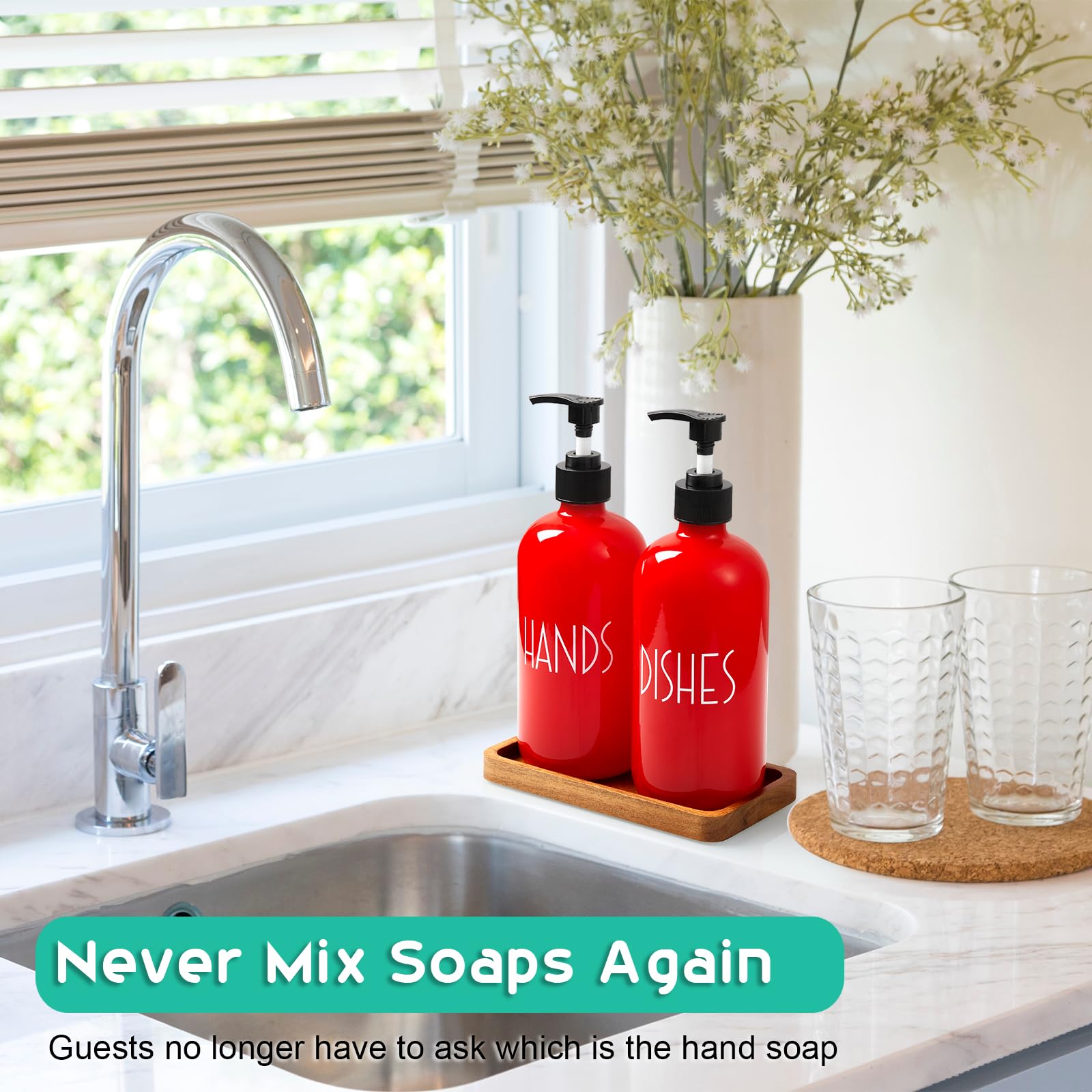 Alelion Dish Soap Dispenser For Kitchen - 16 Oz Glass Soap Dispenser With Pump - Hand Soap Dispenser Set With Acacia Wood Tray -