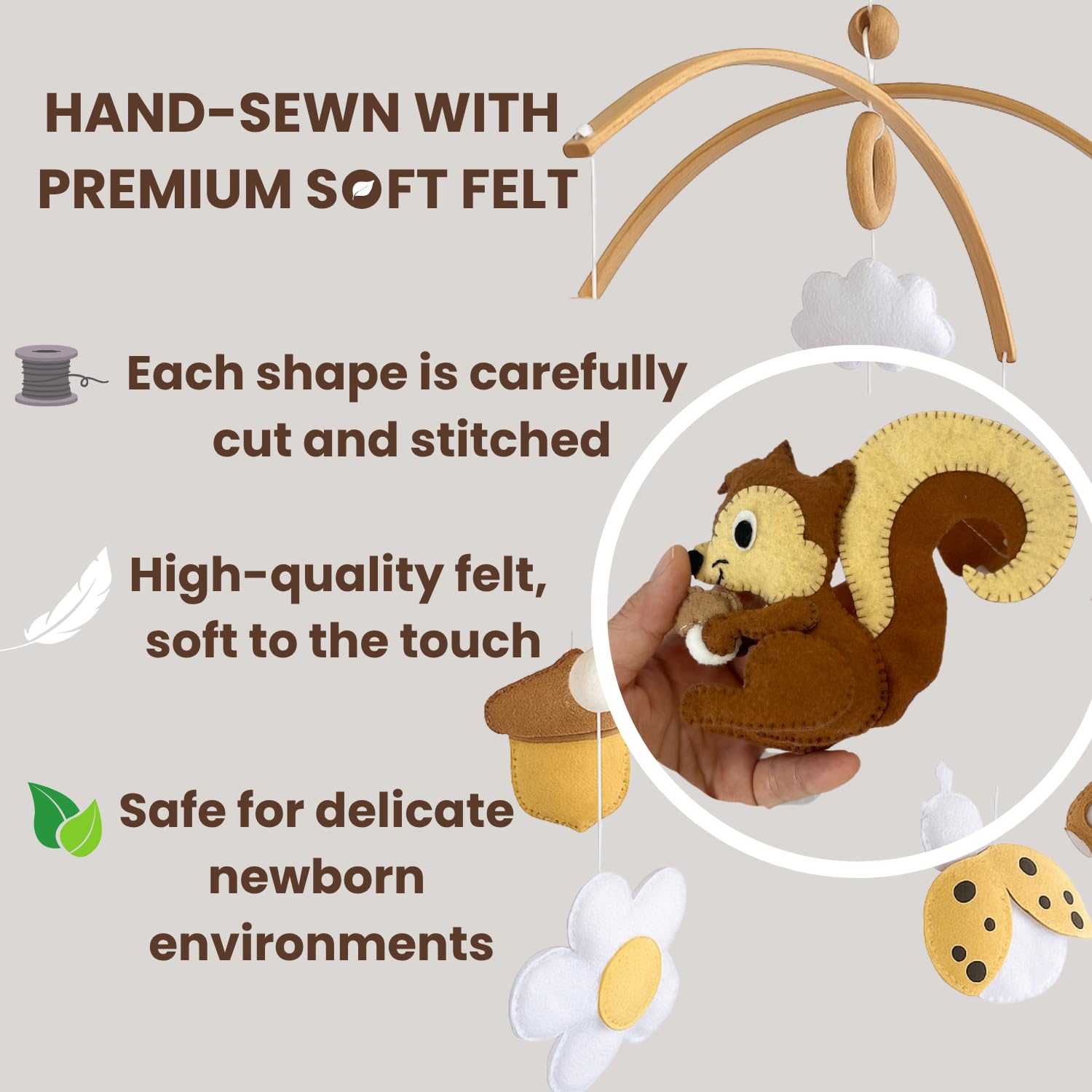 VN3BTOY Baby Mobile for Crib, Adjustable Wooden Arm Holder, Easy Install Nursery Accessory, Natural Gift for Newborn and Parents