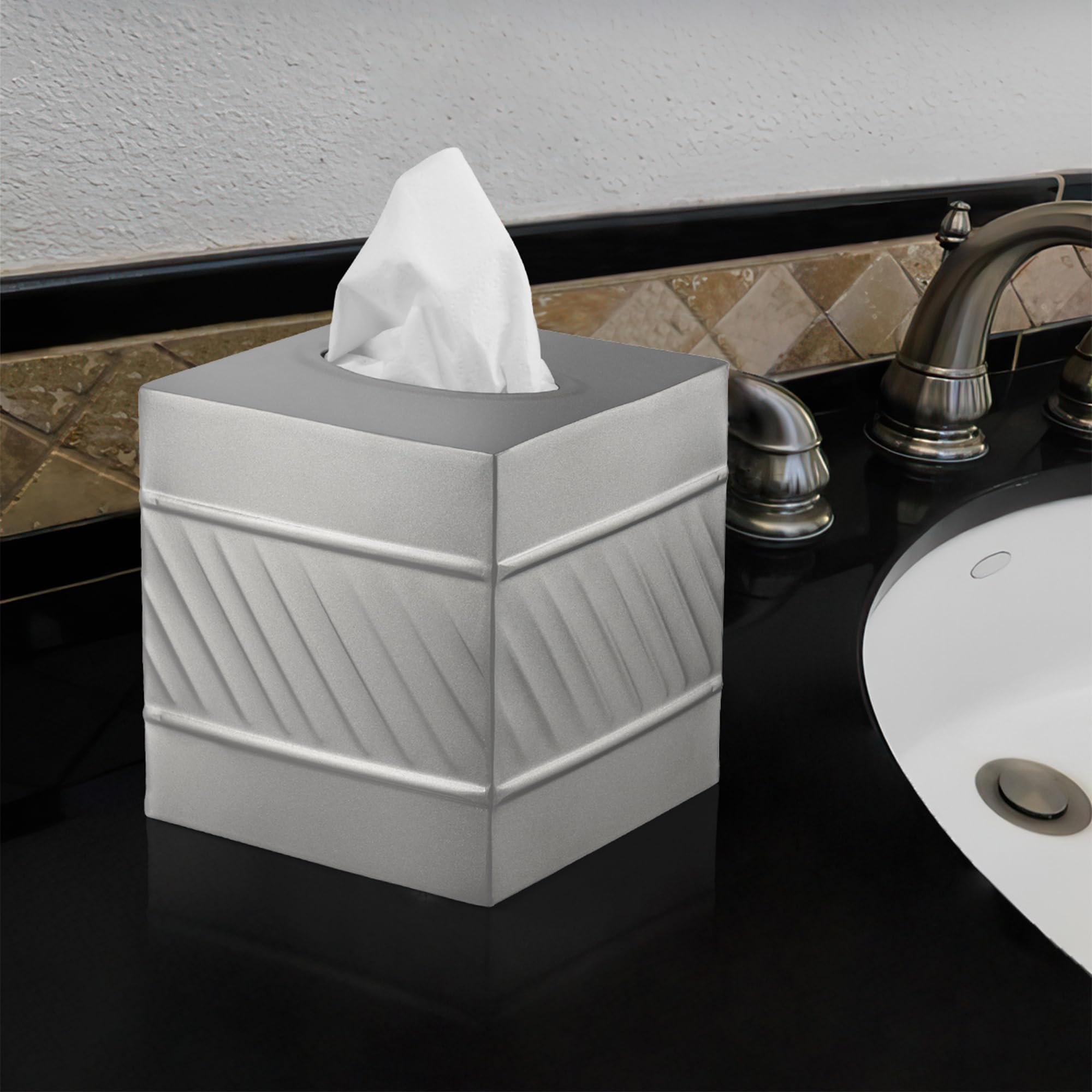 Monarch Abode 39427 Handcrafted Tissue Box Square Cover Holder And Dispenser, Wave Embossed, Metal Dresser Accessories For Offic