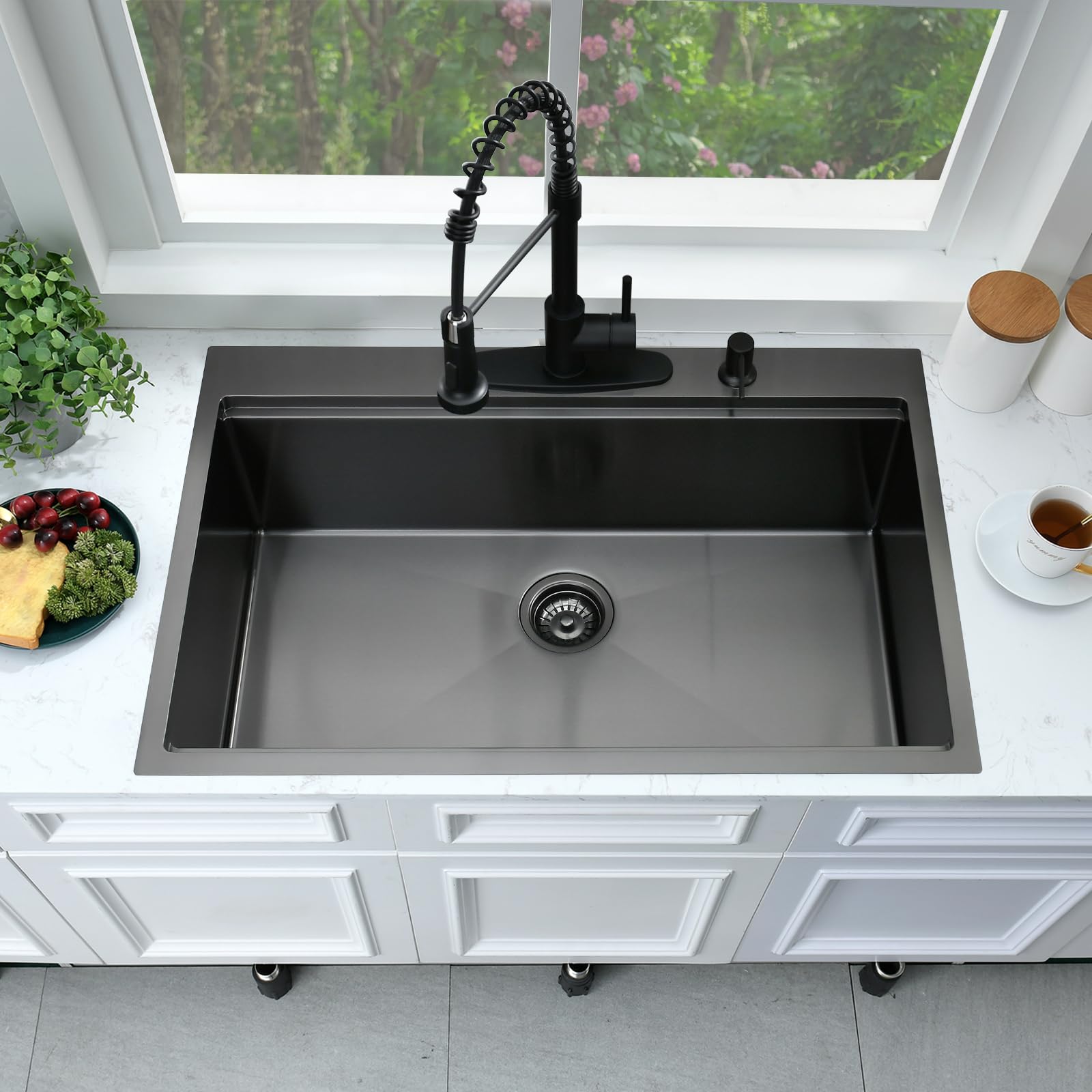 33 Inch Black Kitchen Sink Drop In Workstation-Bokaiya 33x22 Single Bowl Drop In Kitchen Sink Top Mount Workstation Sink 16 Gauge Deep Black Stainless Steel Kitchen Sink with Cutting Board