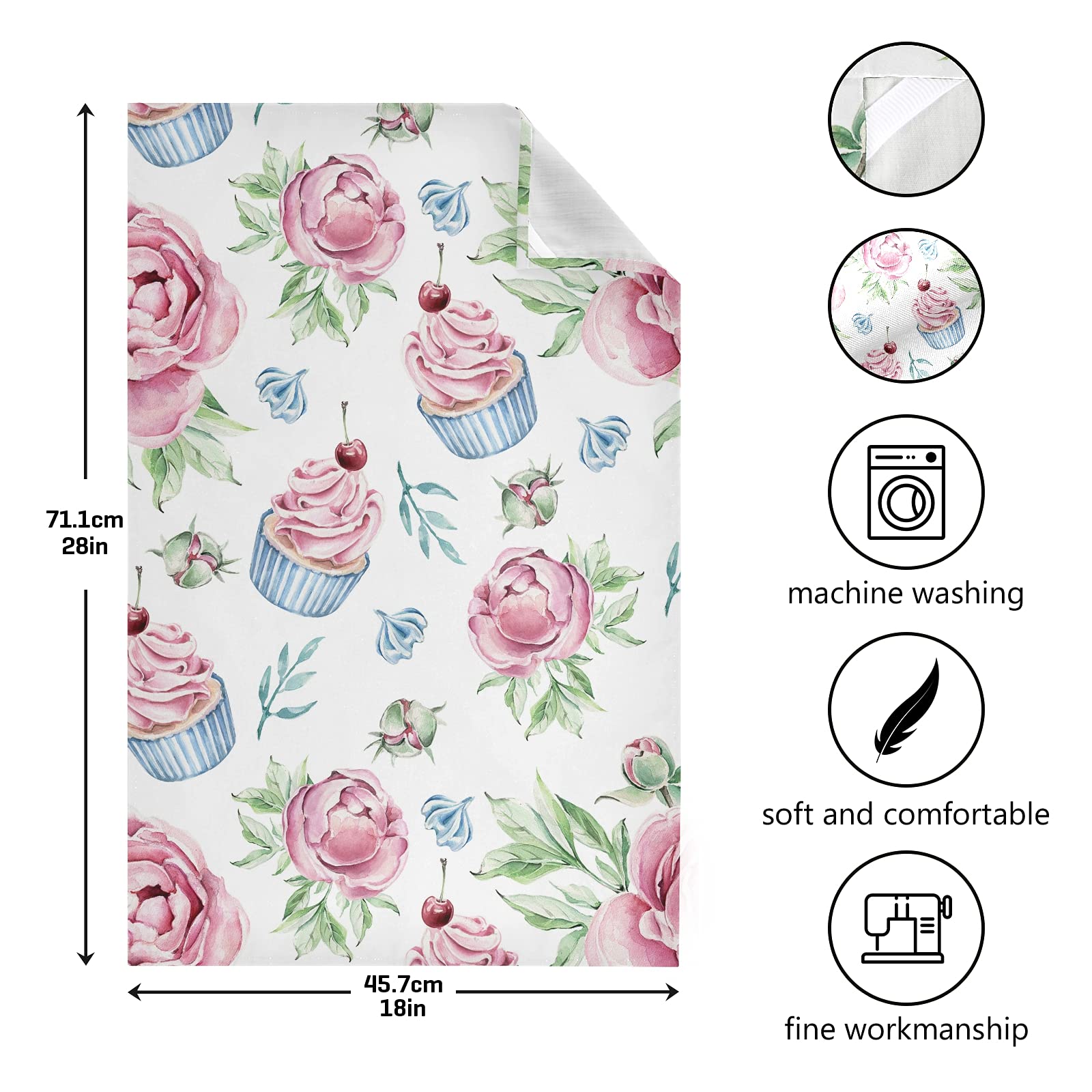 Cupcakes Floral Kitchen Towels Flowers Cakes Leaves Dishcloths Set 1 Pack Hand Dish Towel Tea Bar Towels 18 X 28 In Cleaning Clo