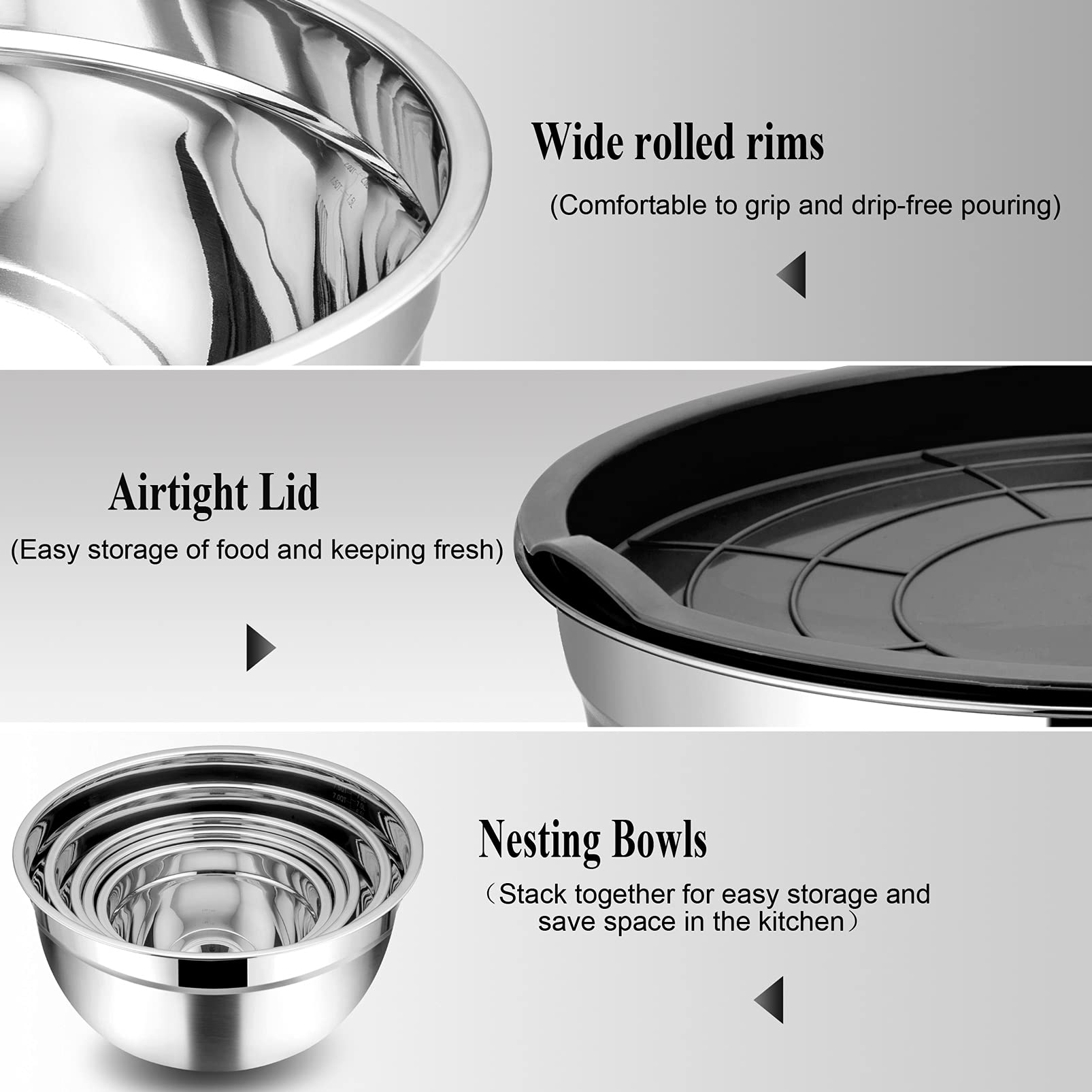 Teamfar Mixing Bowl Set Of 5, 4.5/3/1.5/1/0.7 Qt, Stainless Steel Metal Nesting Salad Bowl With Lid Set, Ideal For Mixing Servin