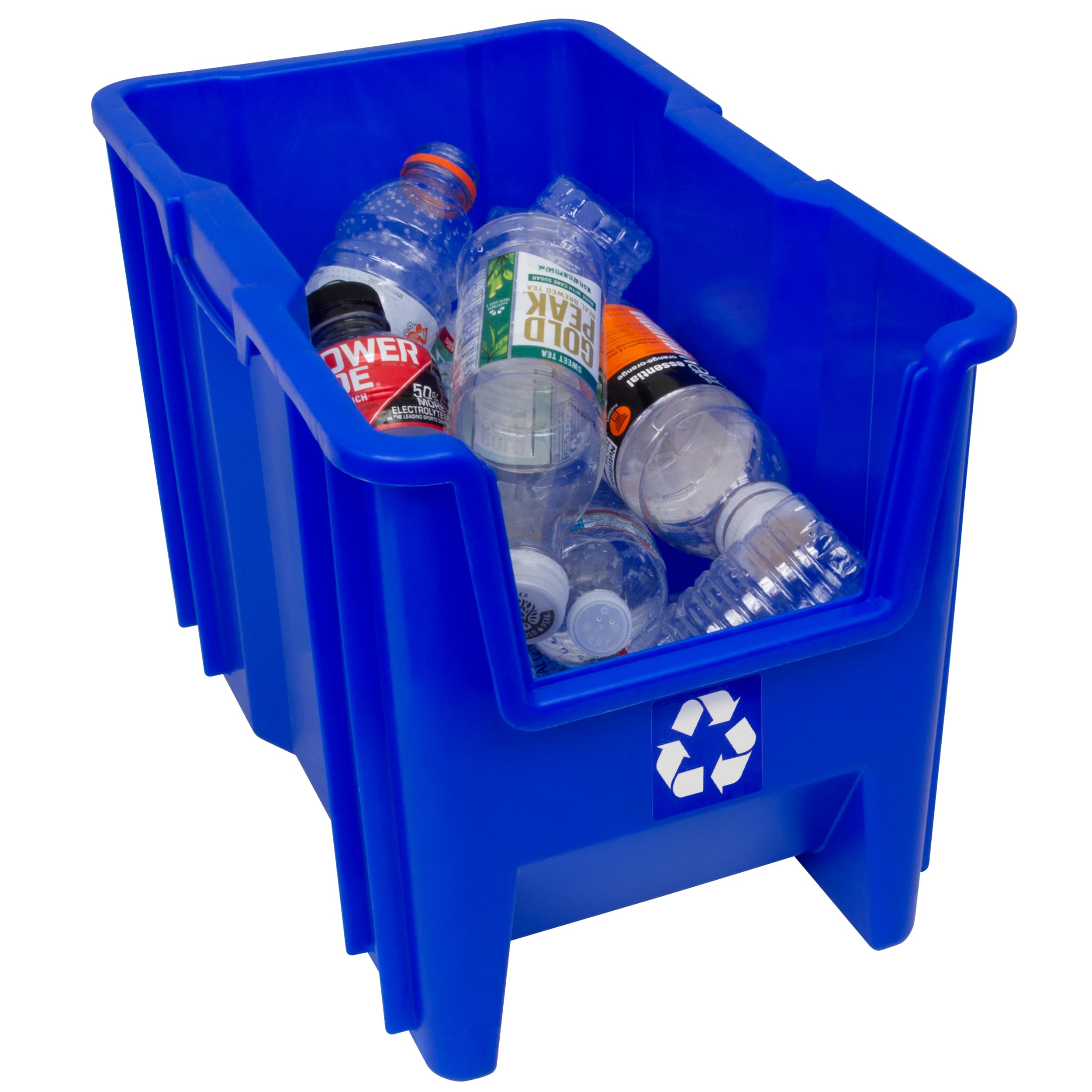 Readyspace Commercial Industrial Heavy Duty Stackable Open-Front Recycling Bin Box Containers, 7 Gallon, 4 Pack, Blue