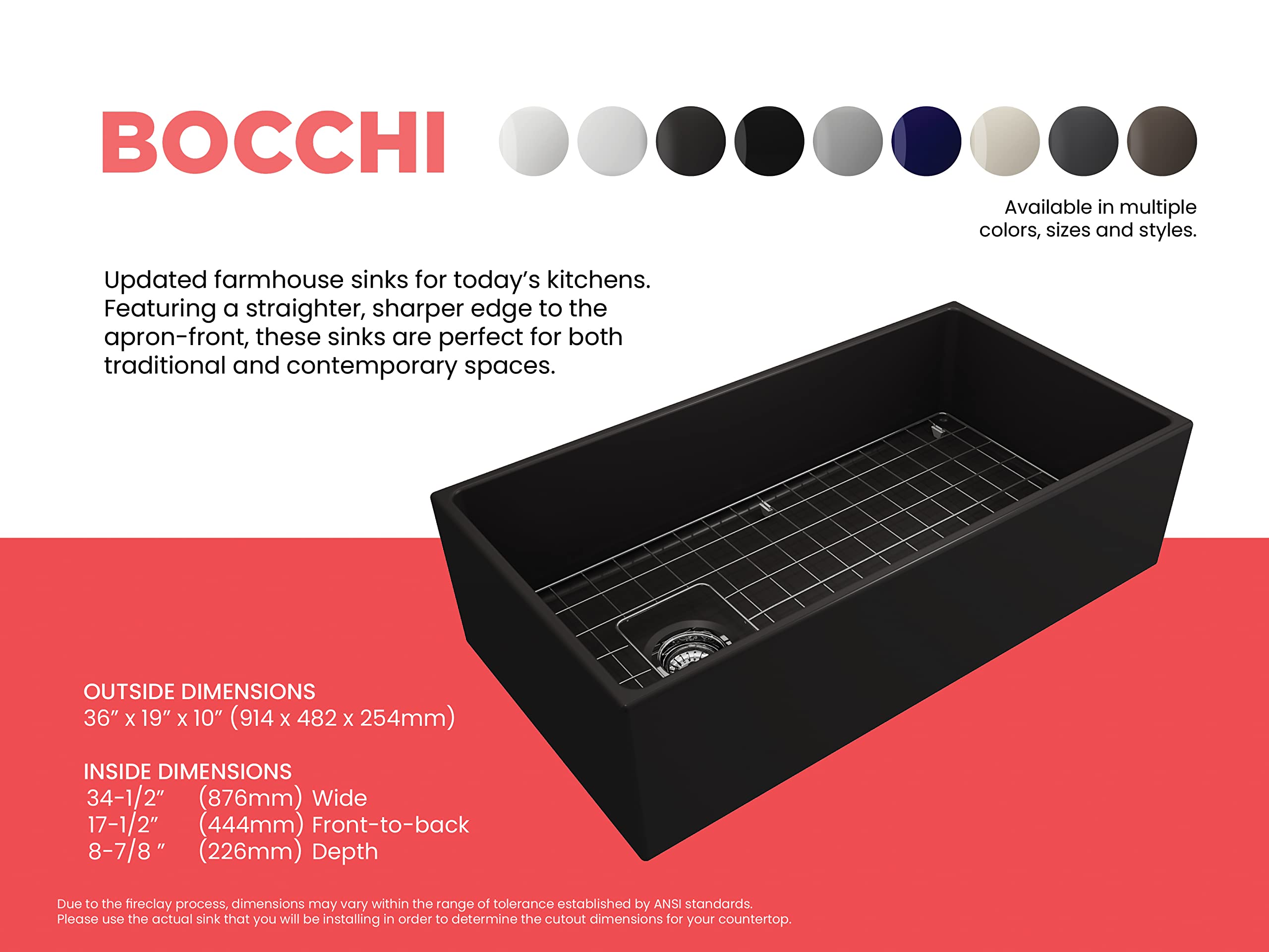 Bocchi Contempo Farmhouse Apron Front Fireclay 36 In. Single Bowl Kitchen Sink With Protective Bottom Grid And Strainer In Matte