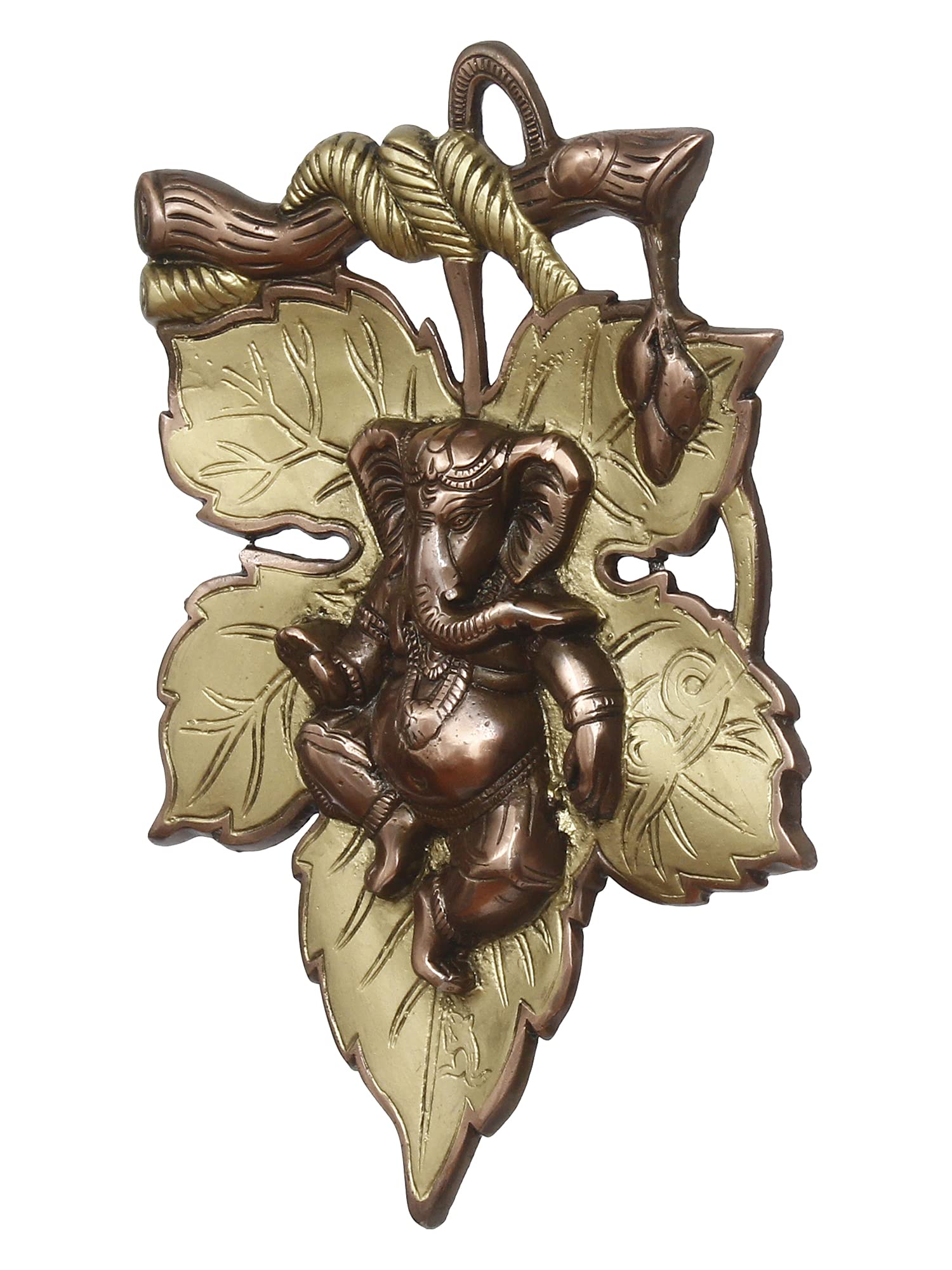 Ecraftindia Golden And Copper Finish Lord Ganesha On Creative Leaf Metal Wall Hanging - Decorative Hindu God Idol For Home, Livi