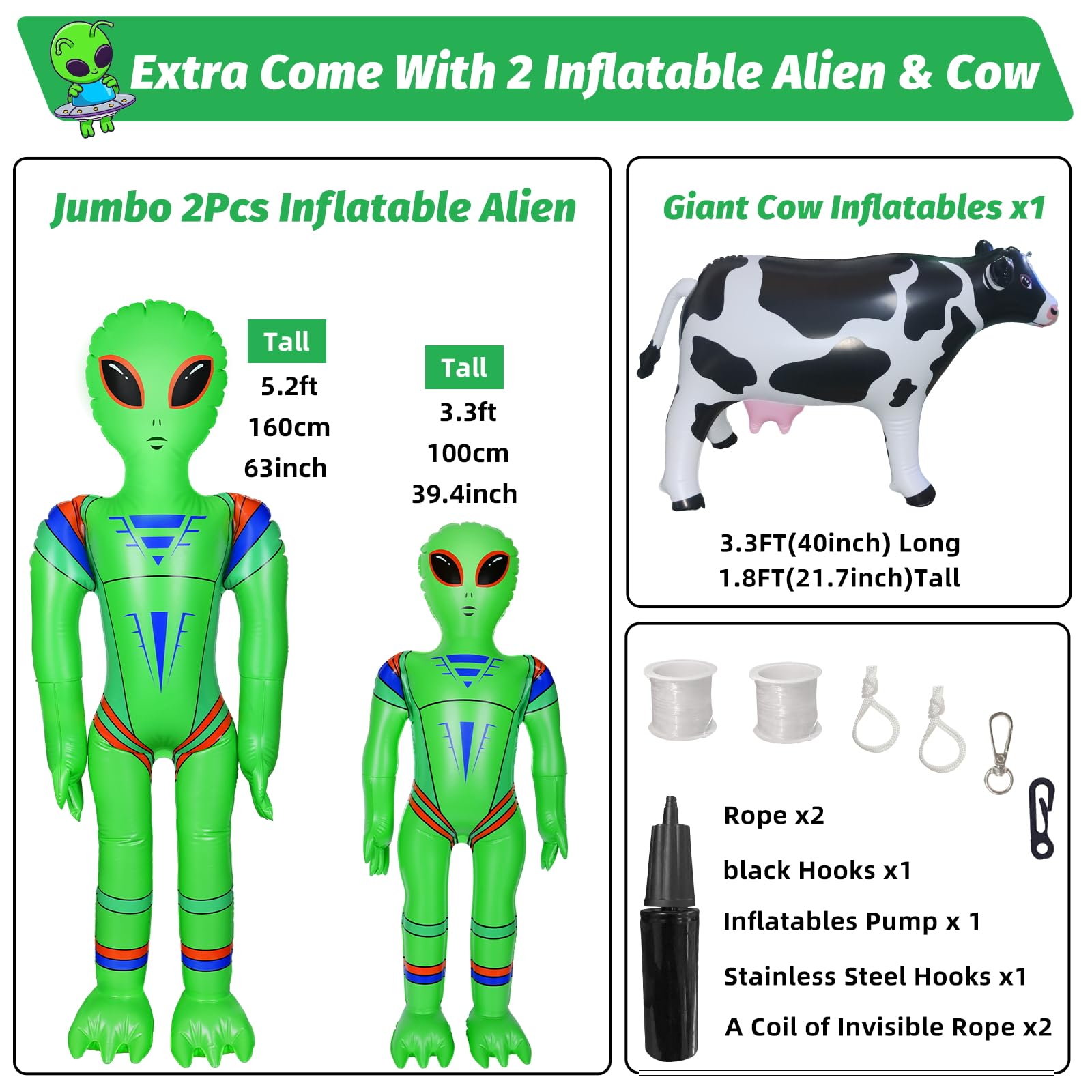 Alien Party Decorations 4.2FT Hanging Alien UFO Cow Abduction Inflatable with Cow&2pcs Jumbo Alien Halloween Inflatable UFO Buil