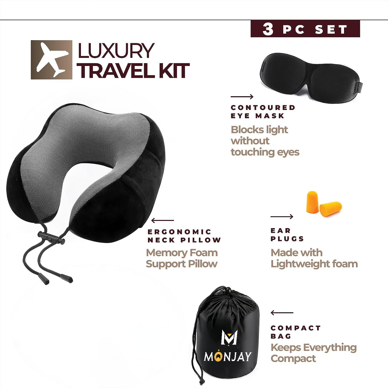 Monjay Memory Foam Neck Pillow For Travel, Neck Support Pillow Skin-Friendly And Breathable Pillowcase With 3D Eye Mask, Earplug