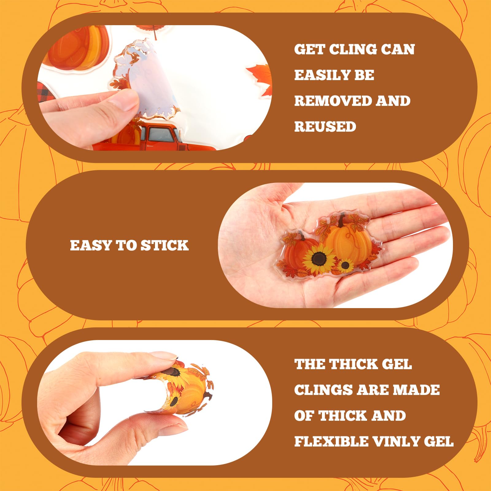 Motipuns 48 Pcs Thanksgiving Window Gel Clings Happy Thanksgiving Thick Gel Clings Removable Reusable Fall Turkey Pumpkin Window