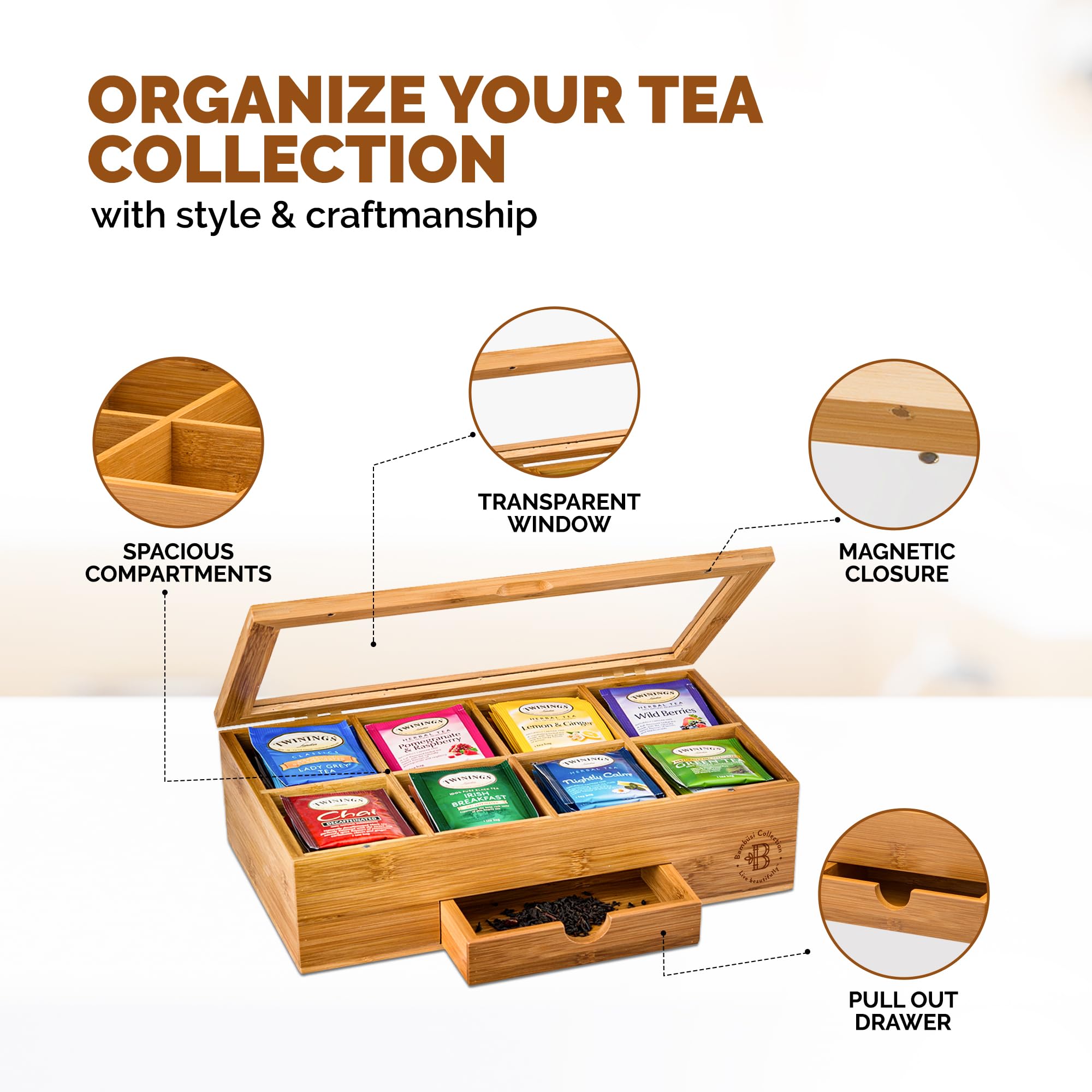 Bambüsi Bamboo Tea Bag Organizer Storage Box with Drawer - 3.9x12.9x7.9 inches - Magnetic Lid - Ideal Gift for Mom