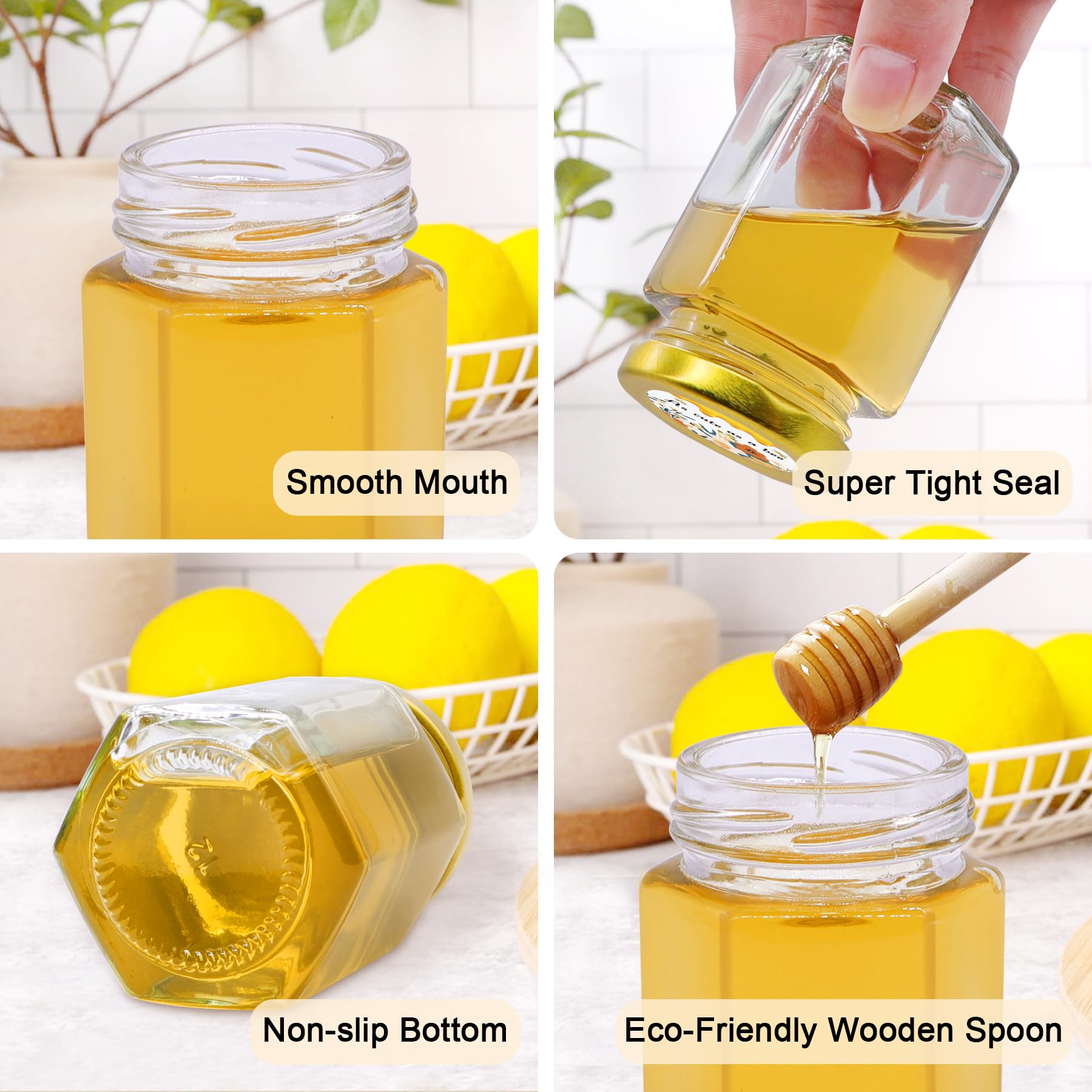 Aliggbent 35 Pack Small Honey Jars for Party Favors in Bulk, 4 oz Mini Hexagon Glass Honey Jars with Dippers, Lids, Cute Sticker
