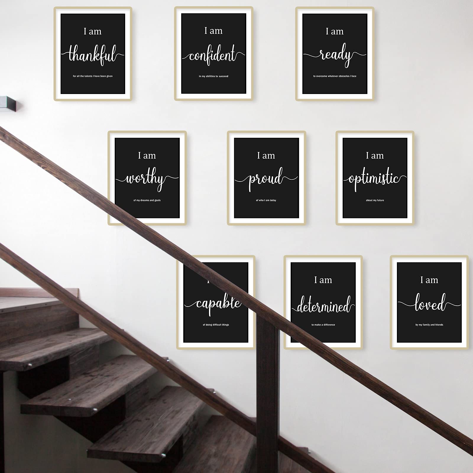 9 Pieces Inspirational Motivational Office Bedroom Wall Art  Daily Positive Affirmations for Men Women Kids Posters Inspirational Quotes Sayings Wall Decor (Black)