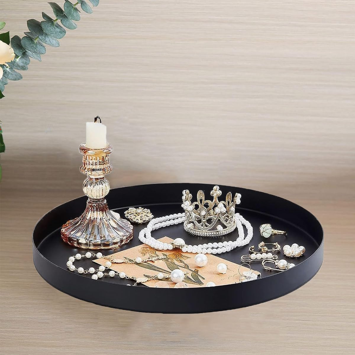 Black Round Metal Candle Holder Tray, Decorative Serving Tray For Modern Farmhouse Home Decorations (11.8'')