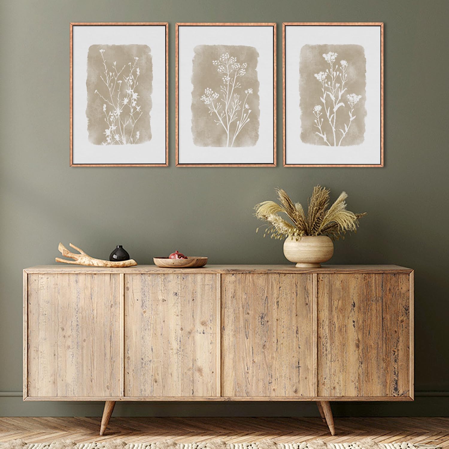 Chditb Botanical Farmhouse Wall Art Set, Framed Boho Plant Wall Decor, Neutral Minimalist Floral Wall Painting, Rustic Wildflowe