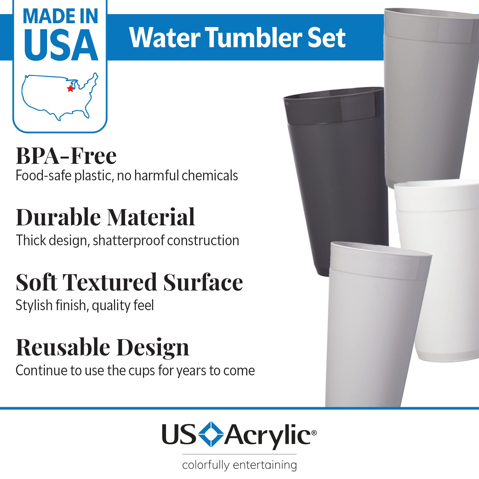 Us Acrylic Newport 20 Ounce Unbreakable Plastic Stackable Water Tumblers In Grey Stone | Set Of 12 Drinking Cups | Reusable, Bpa