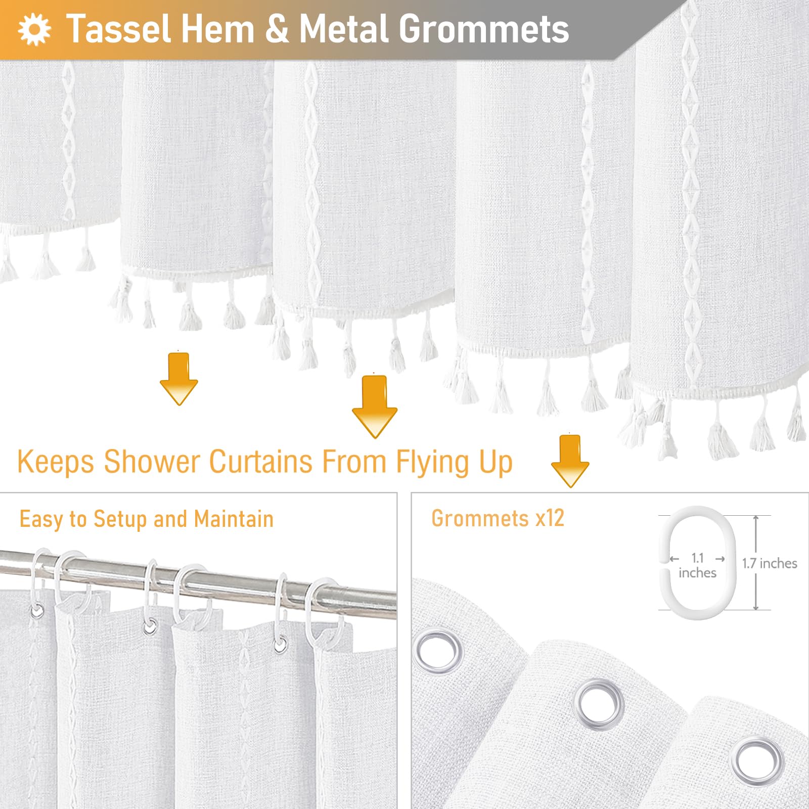 Bttn Extra Long Shower Curtain, 72X96 Inch Long Boho Chic Linen Fabric Weighted Shower Curtain Set With Plastic Hooks, Tall Mode