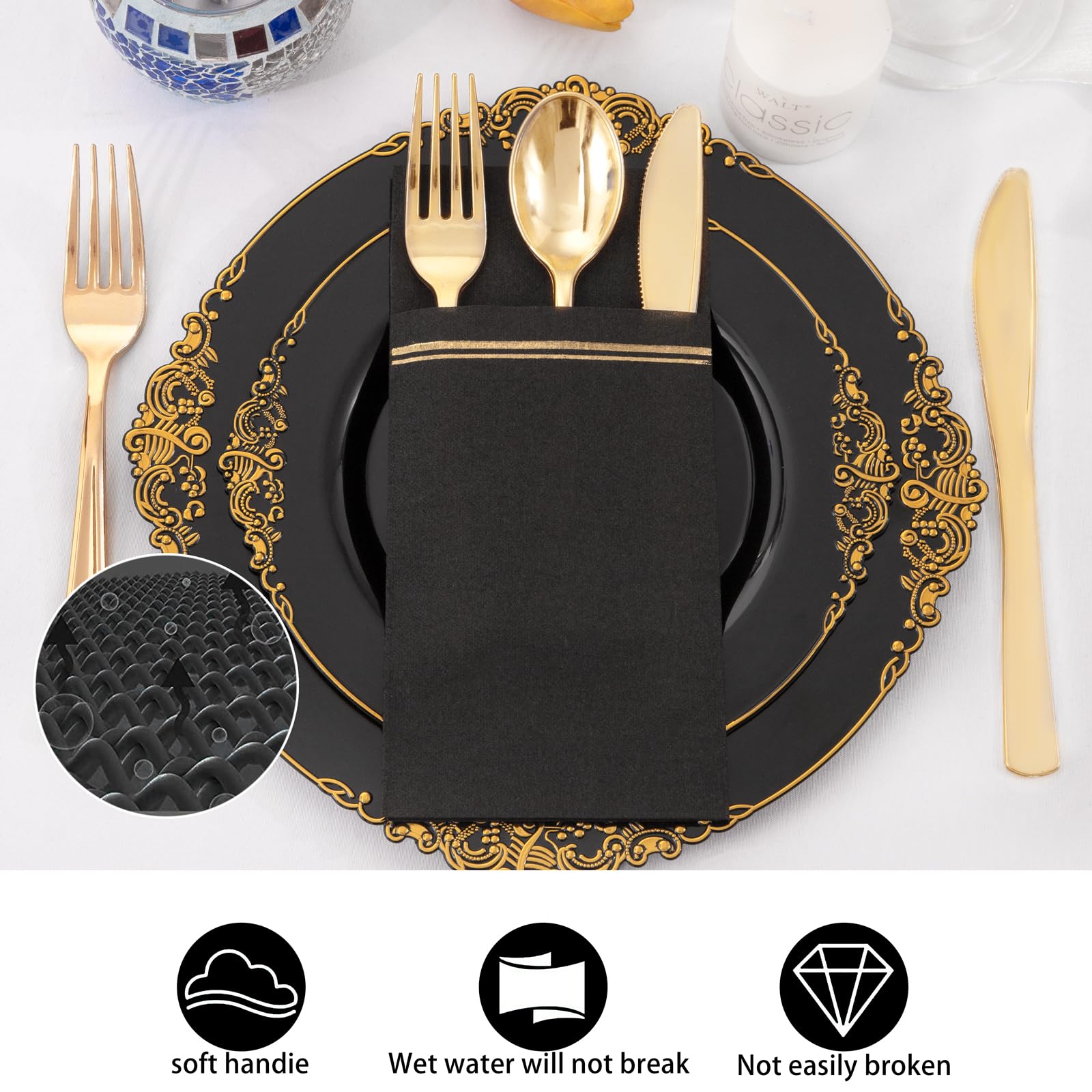 Nervure 100Pcs Black Paper Napkins With Built-In Flatware Pocket - Black And Gold Prefolded Cloth Like Disposable Napkins - Heav