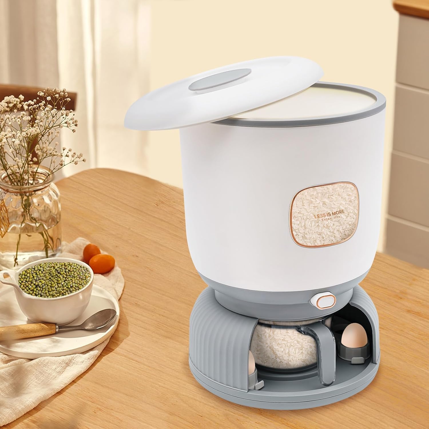 Jukmen Rice Dispenser, Large Grain Container Storage With Lid Measuring Cylinder Moisture Proof Household Cereal Dispenser Bucke