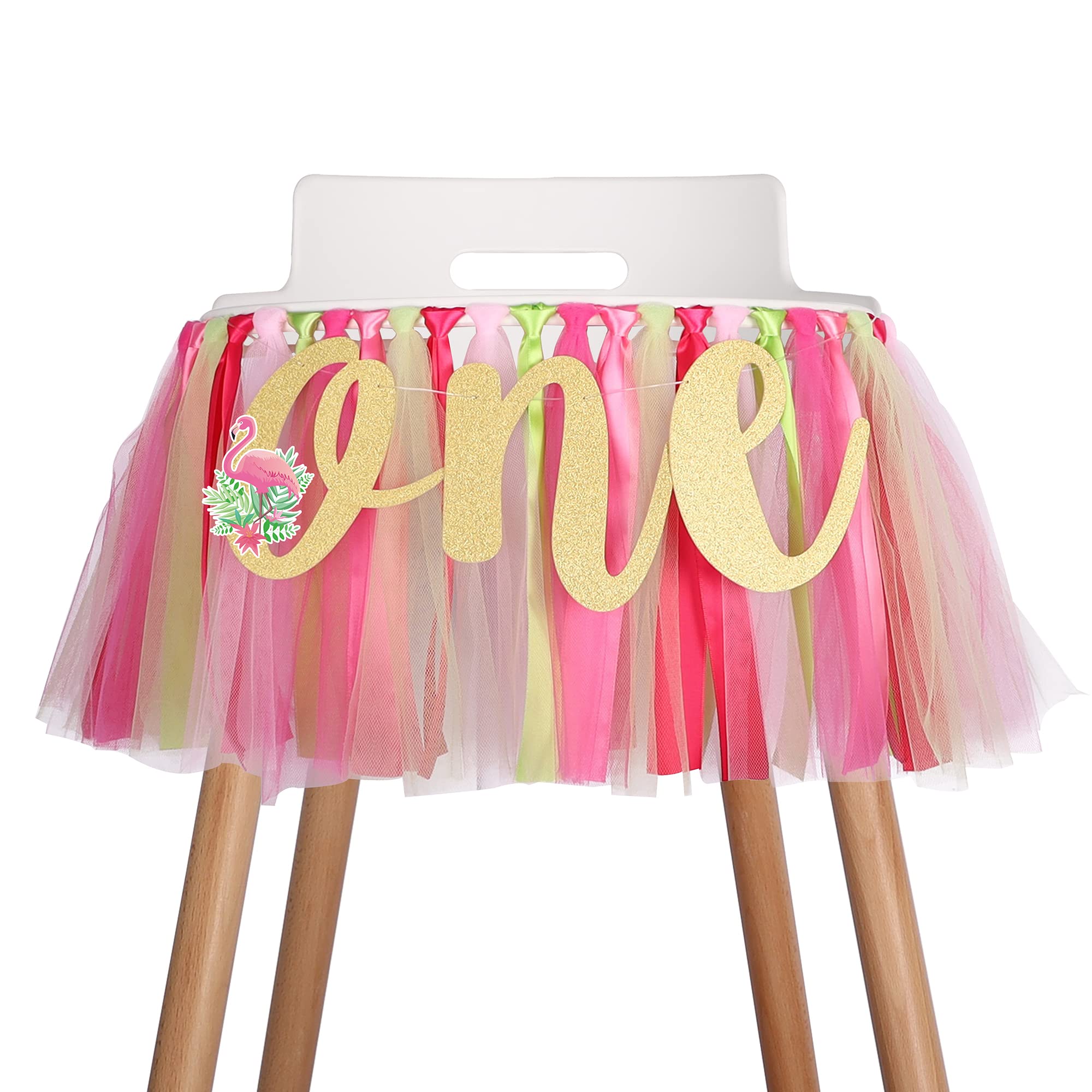 Flamingo Highchair Banner Decoration For Baby - 1St First Birthday Banner, High Chair Fabric Garland Party Supplies, Red Yellow