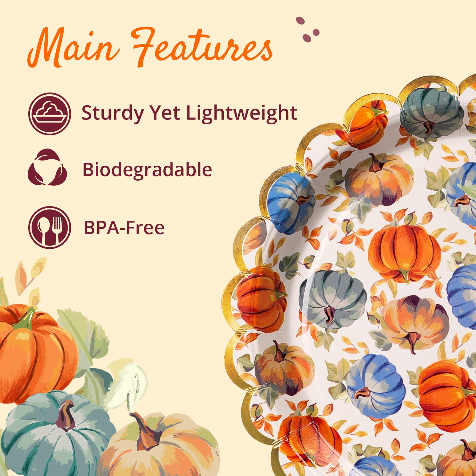 Confettiville Thanksgiving Paper Plates, 50-Count Fall-Themed Decorative Disposable Serving Plates, Pale Apricot, Gold Foil Scal