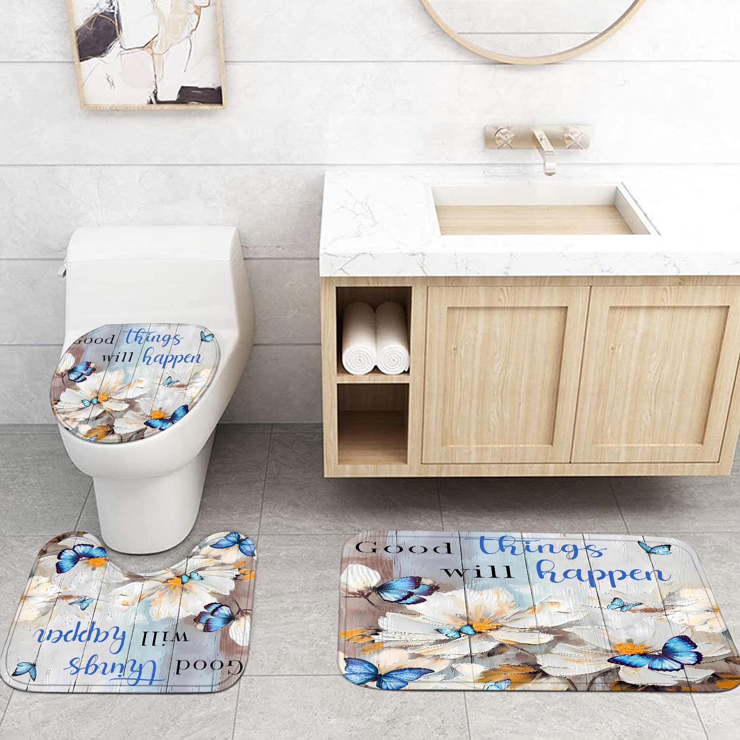 Pretyw 4 Pcs Romantic Blue Butterfly Shower Curtain Set White Flowers Bathroom Sets Modern Home Bathroom Decor With Rugs And Toi
