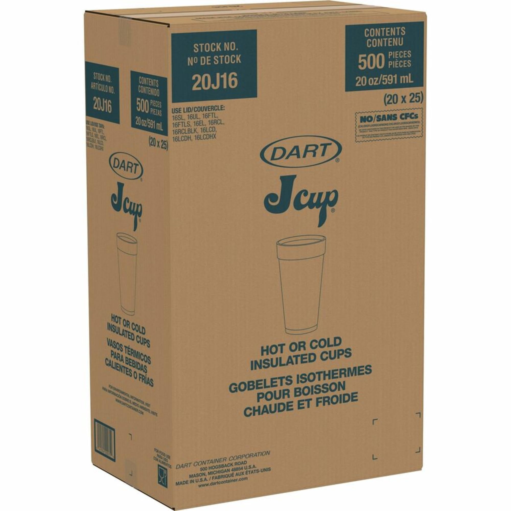 Dart 20J16 3.7'' Top And 2.4'' Bottom Diameter, 6.1'' Height, 20 Oz Big Drink Foam Cup (Case Of 500), White