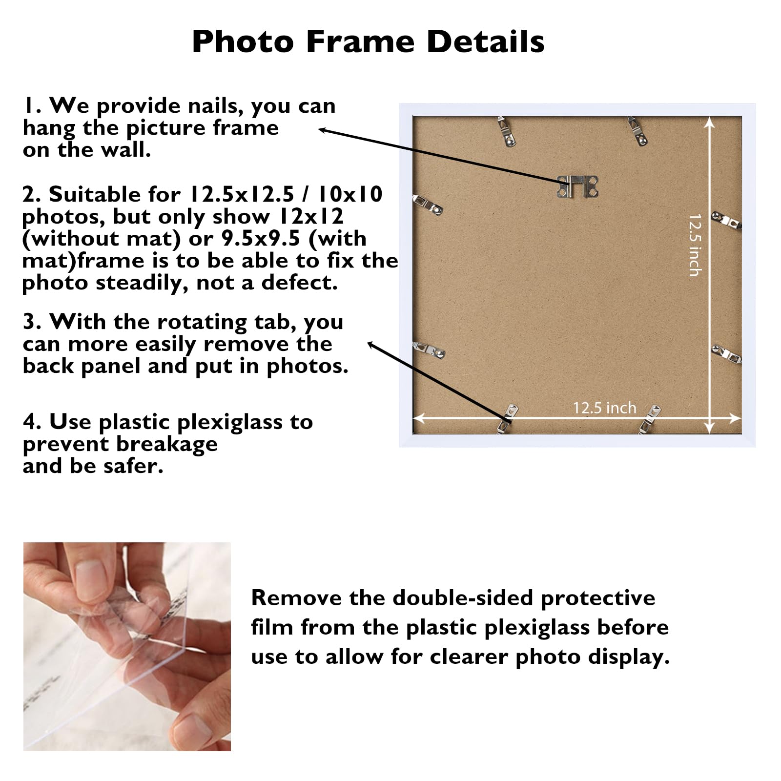 JCJMY 12.5x12.5 Picture Frame White with 10x10 Mat for Vinyl Record Album Cover Poster, Display Photo 10x10 with Mat or 12.5 x 1