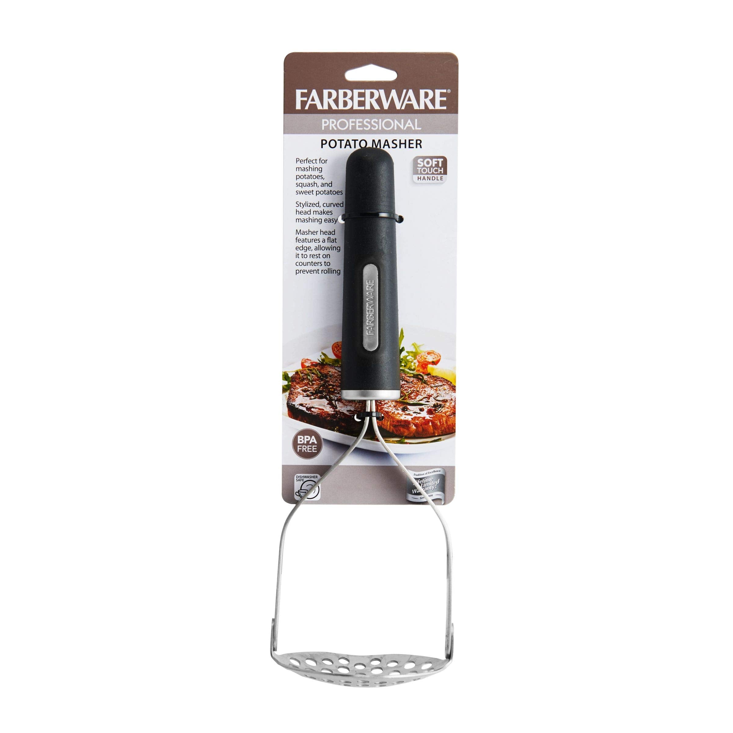 Farberware Professional Soft Handled Potato Masher Heavy-Duty Concave Head With Flat Tip For Easy Resting Stainless Steel , 10-I