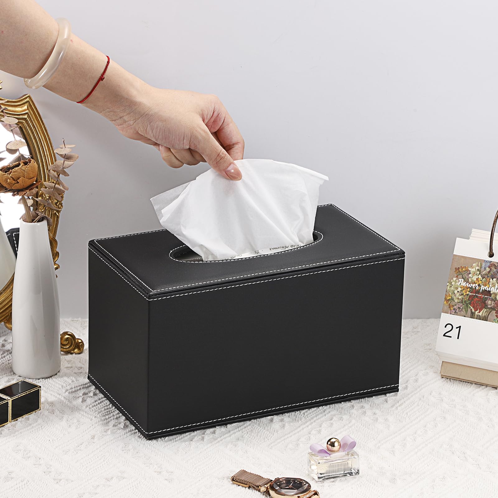 Sumnacon Tissue Box Cover Rectangle Leather Tissue Box With Magnetic Bottom,Pu Tissue Box Holder Decorative Black Tissue Cover F