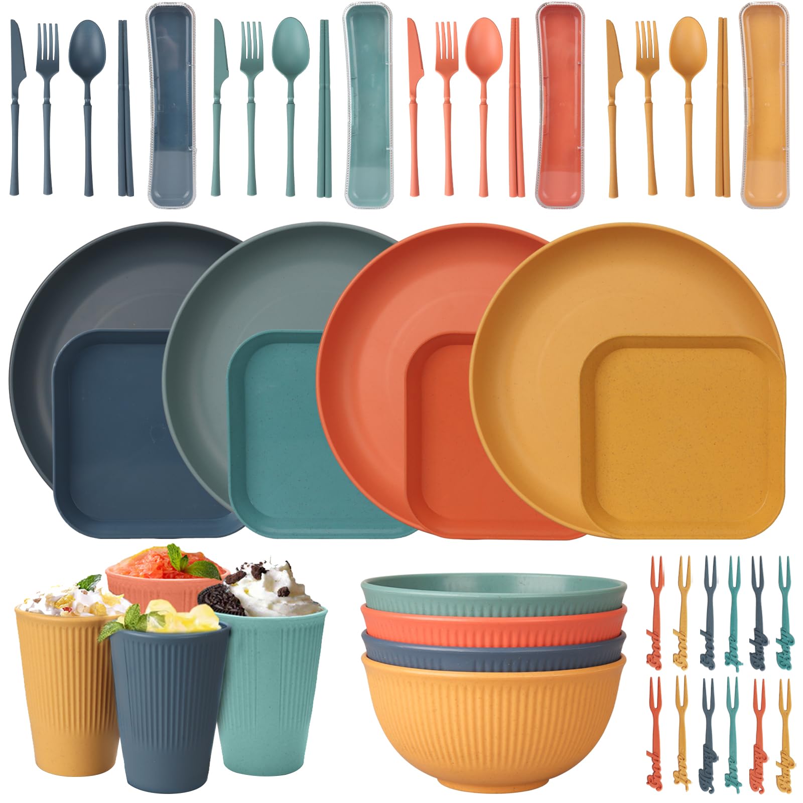 48 Pcs Dinnerware Sets, Unbreakable Plates and Bowls Sets, Reusable Dinnerware Sets for 4 People, Travel Camping Picnic Home Par