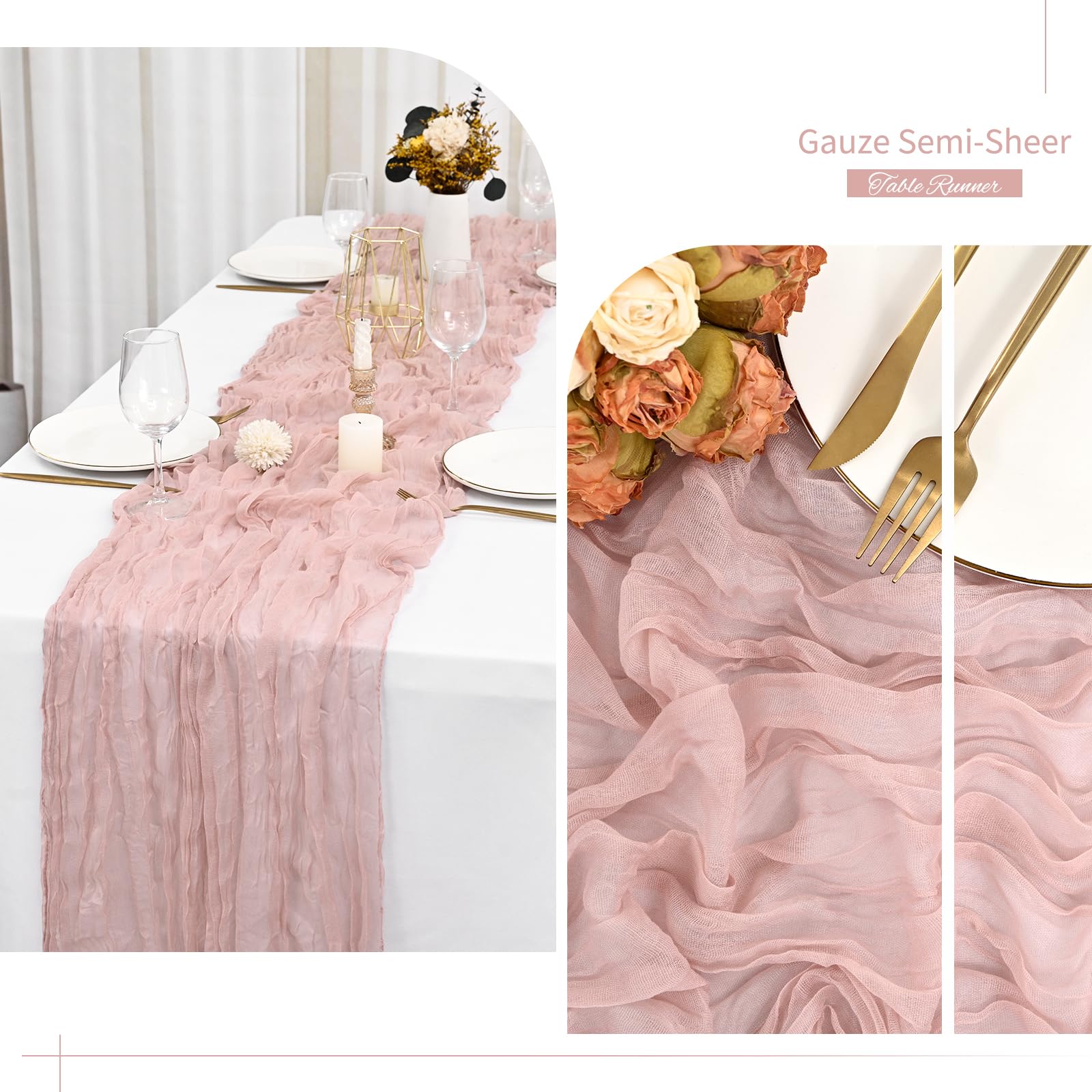 6 Pack Dusty Pink Cheesecloth Table Runner Gauze Table Runner 10Ft Long Semi-Sheer Table Runner Boho Or Rustic Wedding Table Dec