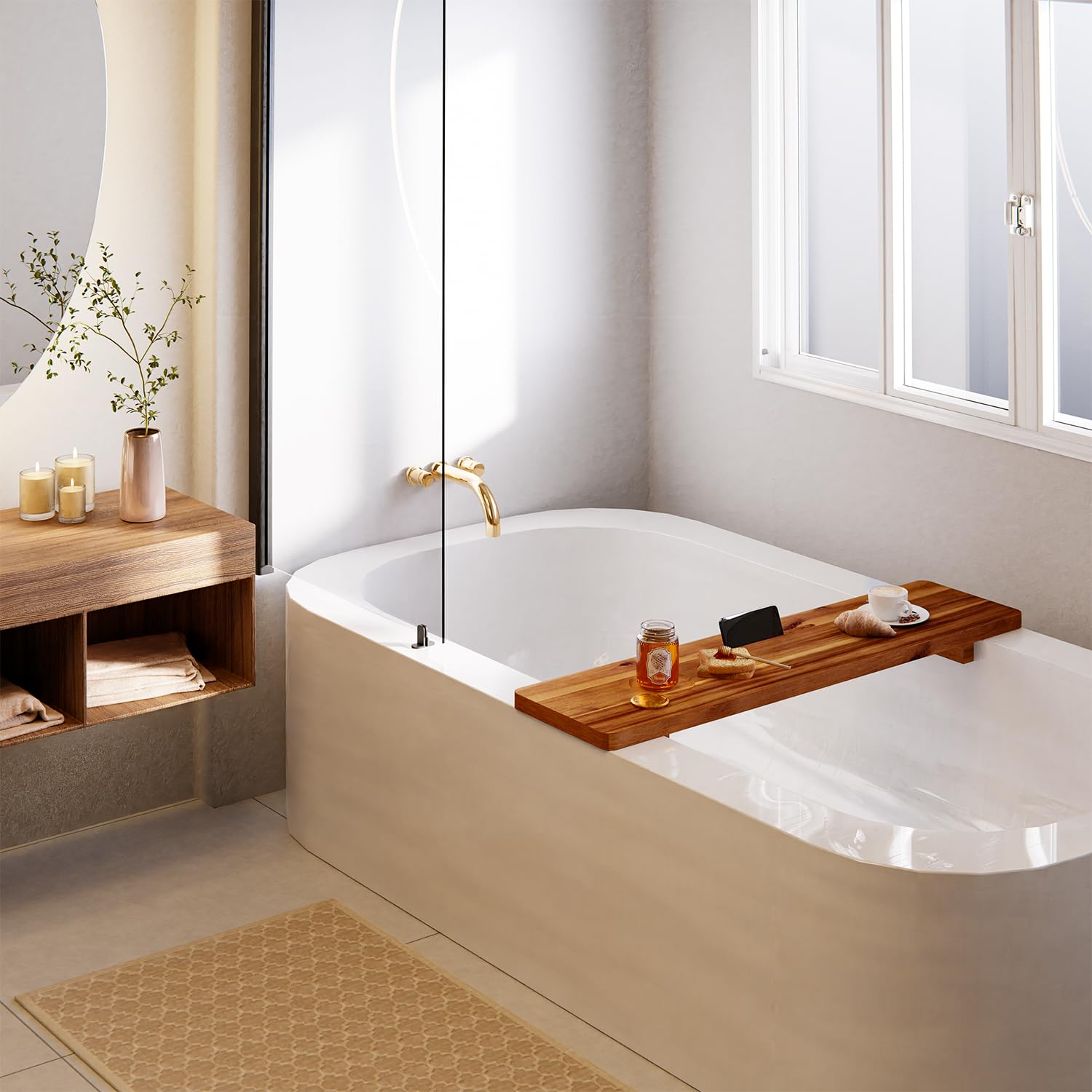 Tinamo Acacia Bathtub Caddy Tray Table | 35X9 Inch Large Bath Tub Tray Wooden | Anti-Tipping, Sustainable Tub Tray For Bathtub |