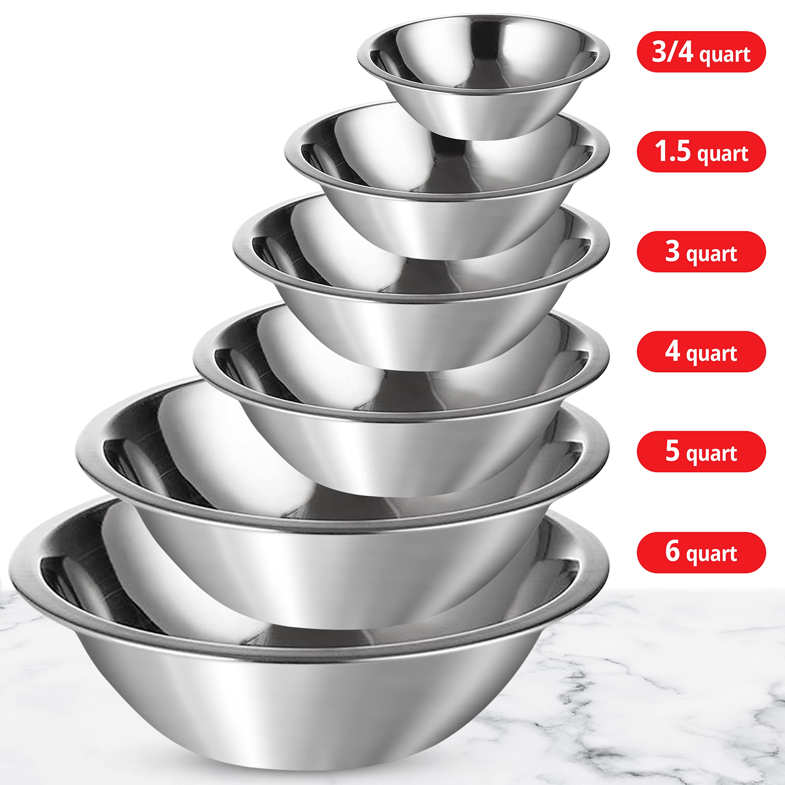 Culigrade Stainless Steel Mixing Bowl Set Of 6-0.75, 1.5, 3, 4, 5, 8 Quart Sizes - Nesting, Durable, Easy To Clean, Ideal For Ba