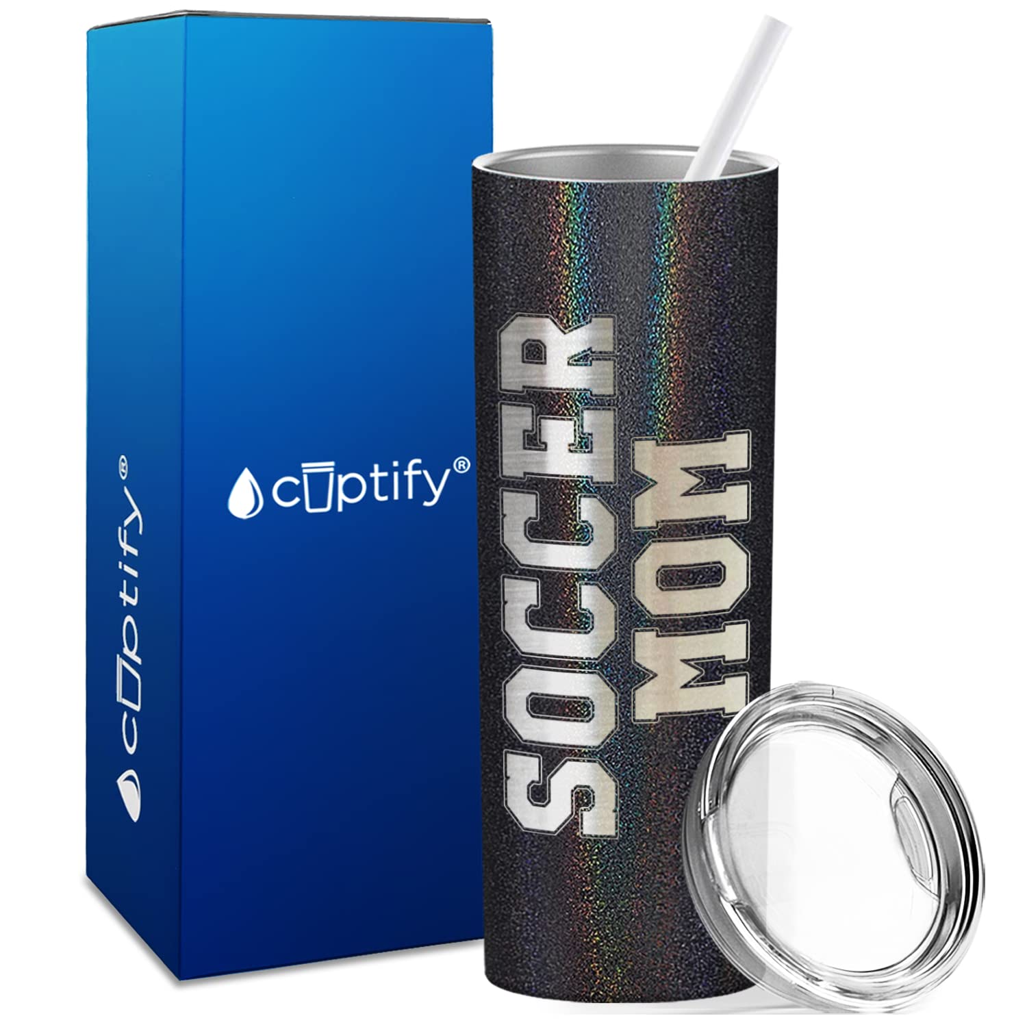 Cuptify Soccer Mom Laser Engraved Skinny Tumbler With Lid And Straw Black Glitter 20 Oz Insulated Stainless Steel Soccer Gift
