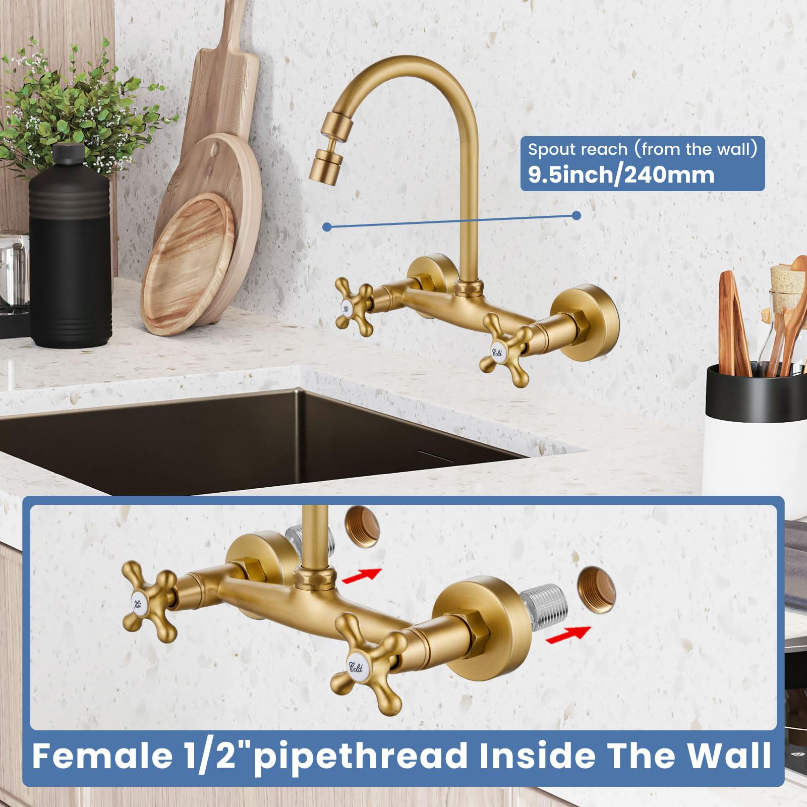 Airuida Antique Brass Wall Mount Kitchen Sink Faucet Wall Mounted Kitchen Faucet 8 Inch Center Double Cross Handles 360 Degree Swivel Spout Restaurant Utility Laundry Mixer Tap Commercial