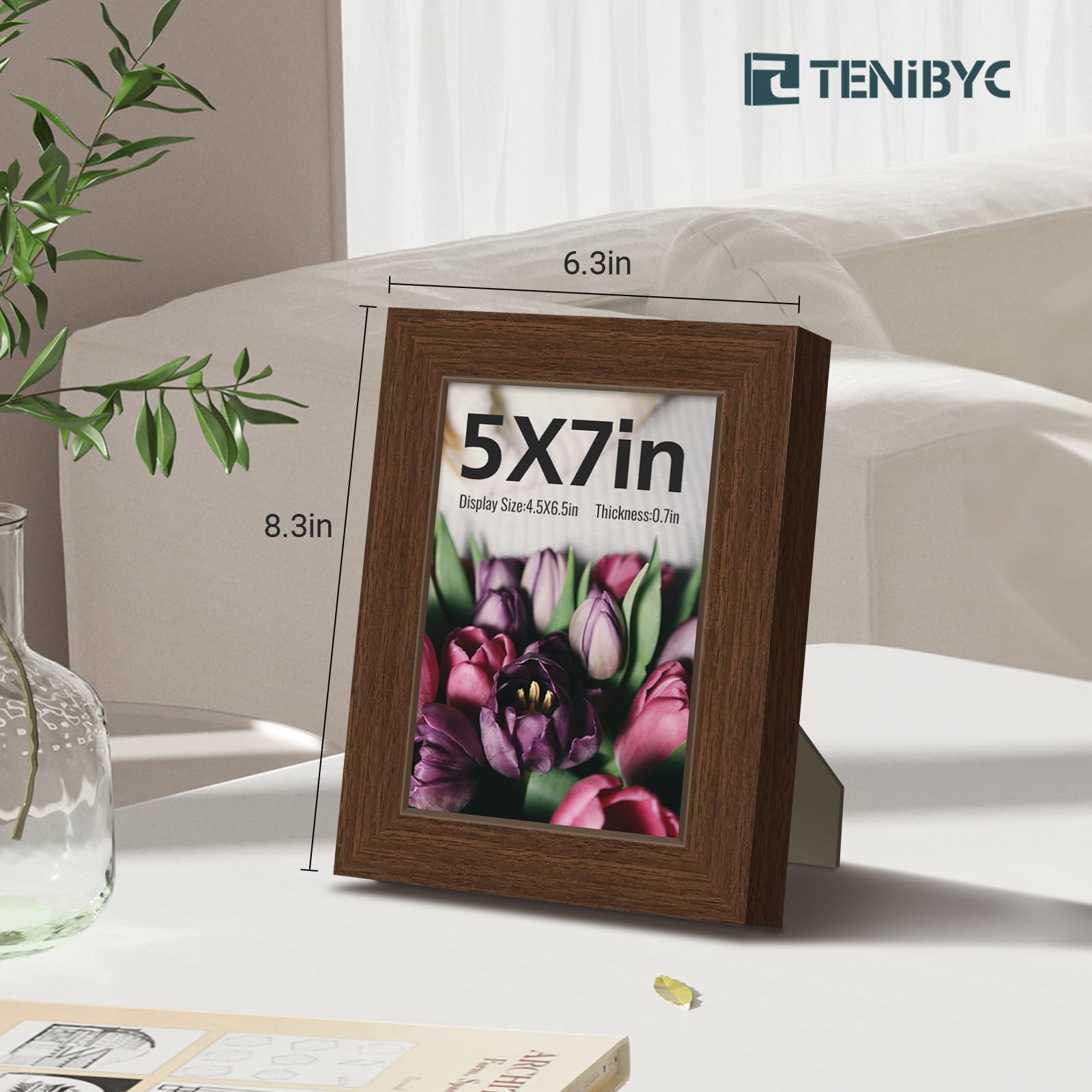 TENIBYC 5x7 Picture Frame 4 Pack - Brown Wood, HD Tempered Glass, 5 x 7 Photo Frame for Table Top and Wall Display, Gift for Fam
