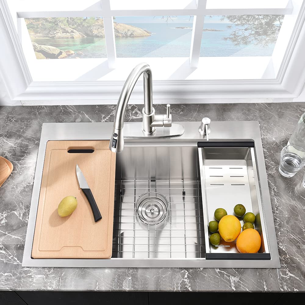 25 Inch Drop In Kitchen Sink Workstation-Hovheir 25X20X10 Stainless Steel Kitchen Sink Drop In Top Mount 16 Gauge Deep Single Bo