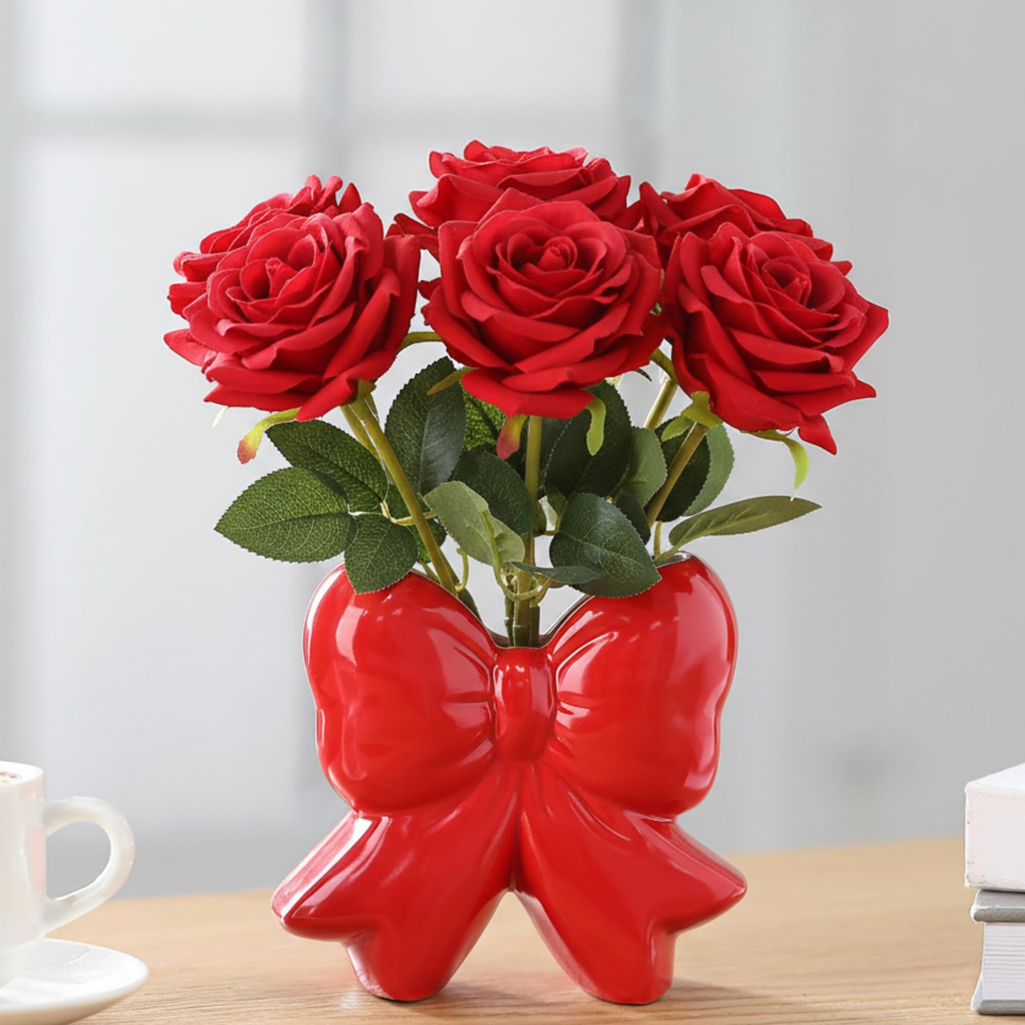 Jingmore Red Bow Vase Coquette Ceramic Vase Pen Holder 4.5 x 1.9 x 4.7 in Makeup Brush Holder Contemporary Design Decorative Wom