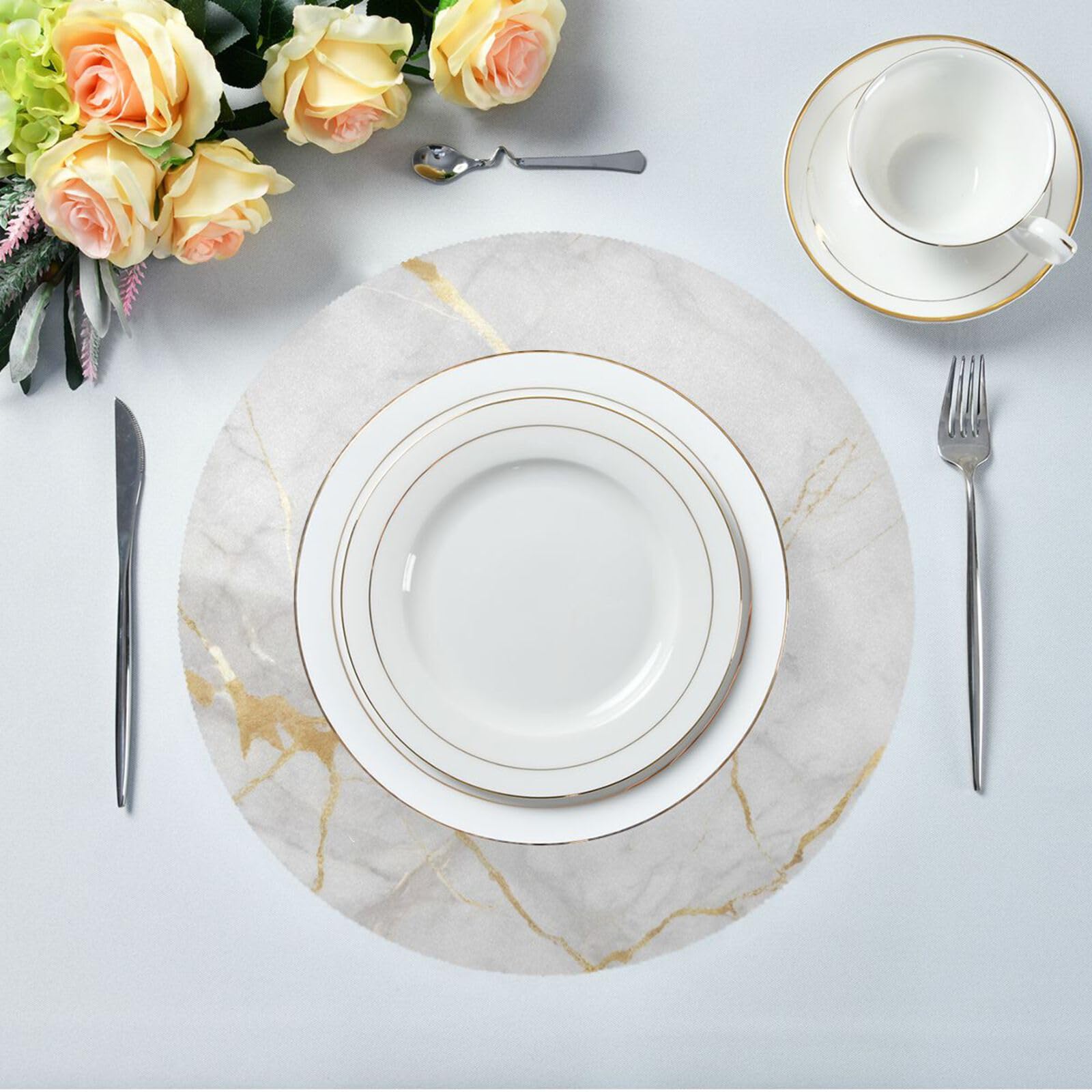 Attx Golden Marble Texture Round Placemats For Dining Table, Circle Placemats, Place Mats For Kitchen Table Set For 4