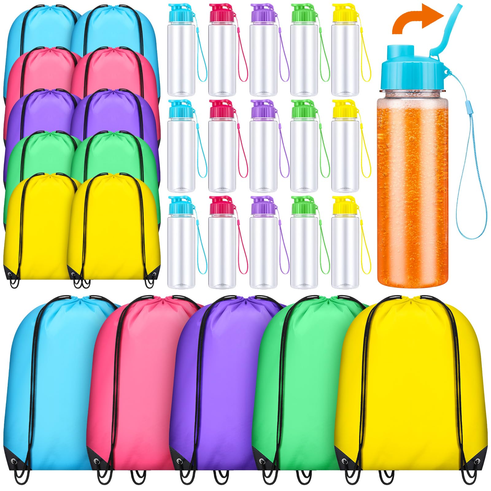 Lemecima 30 Pcs 17 oz Plastic Water Bottles Bulk and Drawstring Backpack Set Reusable Flip Top Leakproof Water Bottles with Hand