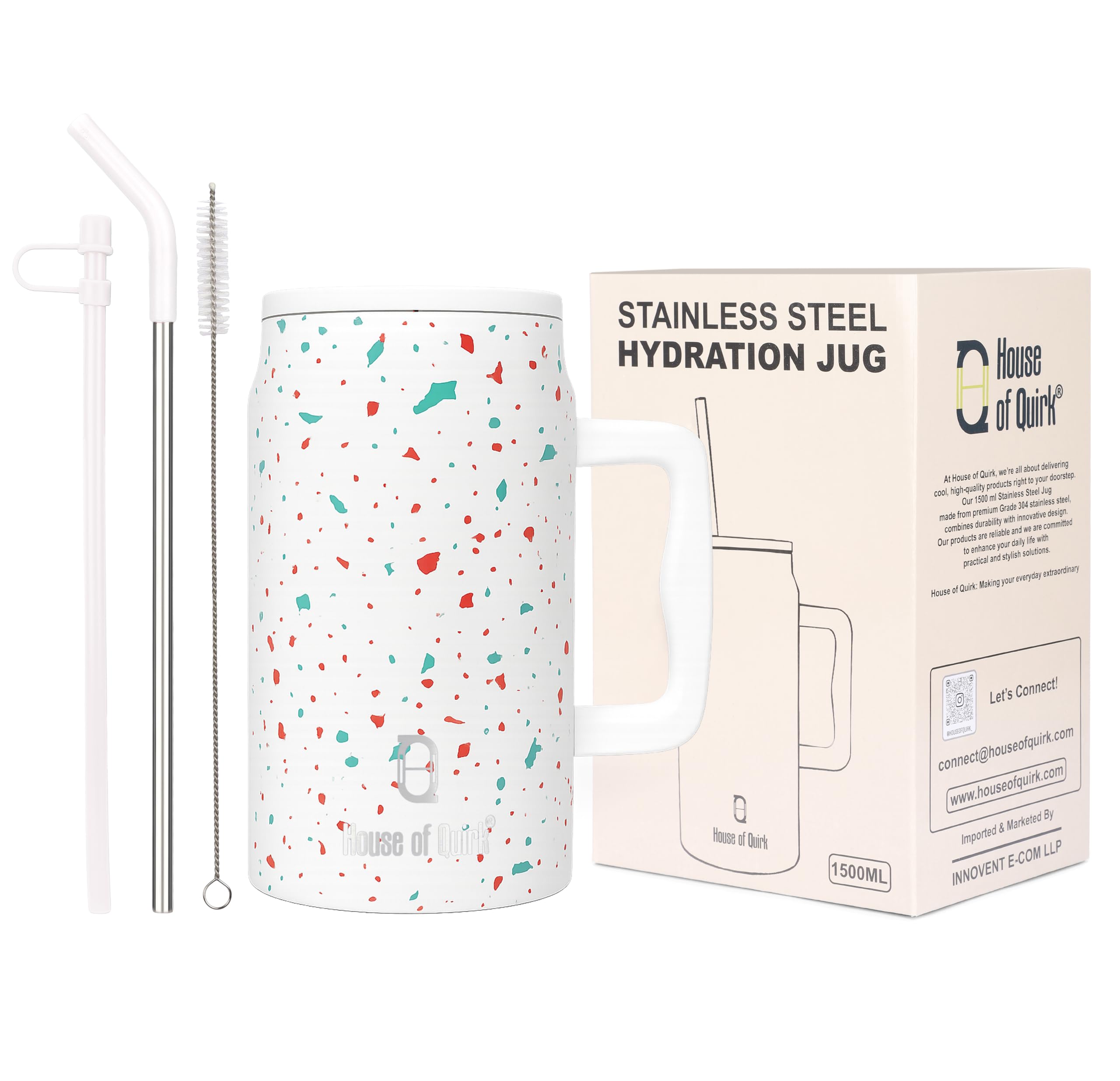 House Of Quirk 1500Ml Stainless Steel Mug Tumbler With Handle & Straw Lid - Large Water Bottle For Men & Women (Cream Paint)