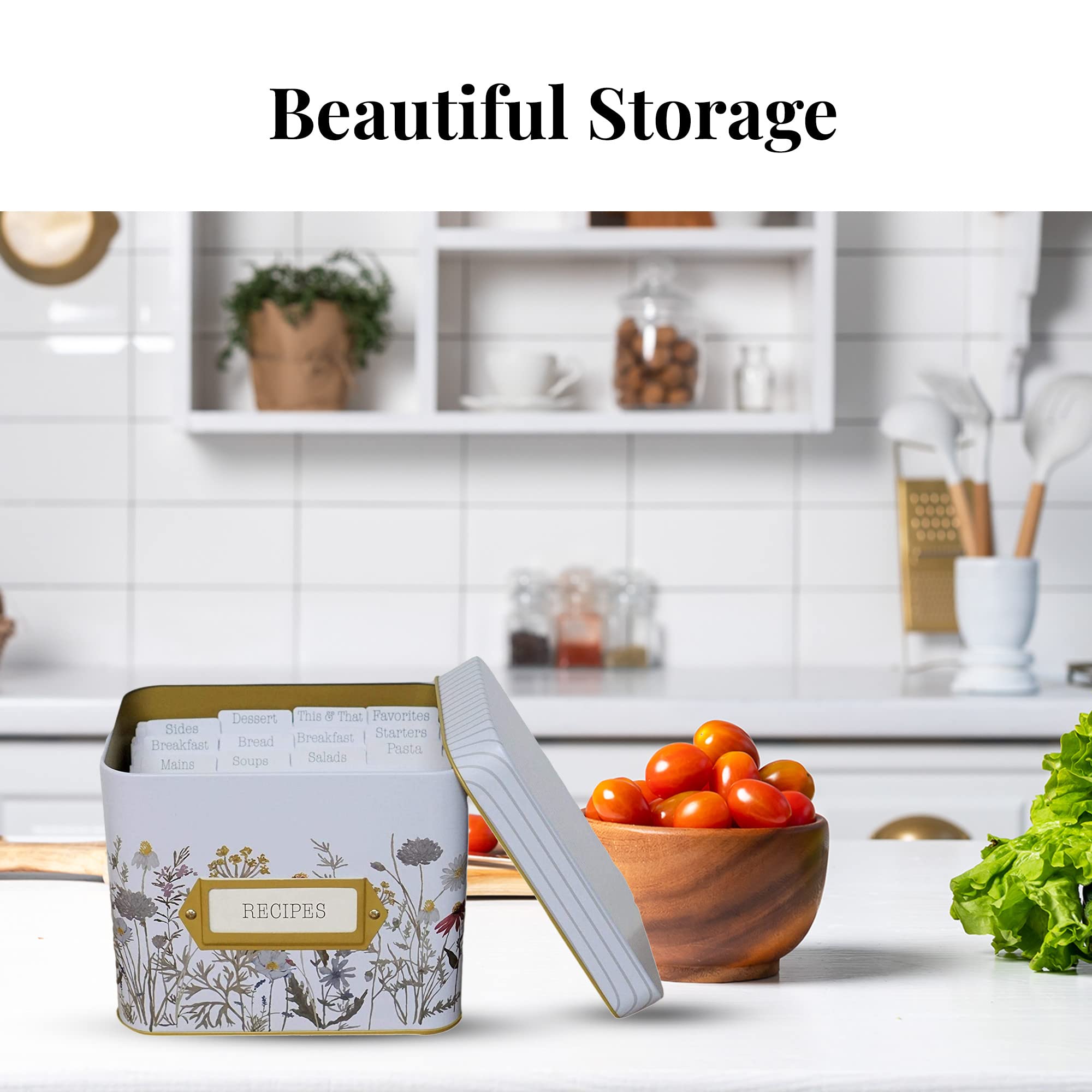 Sensory4U Tin Recipe Box Holder With Cards - Wildflower Print - Includes 100 4X6 Cards And 12 Dividers - Beautiful Decorative Ti