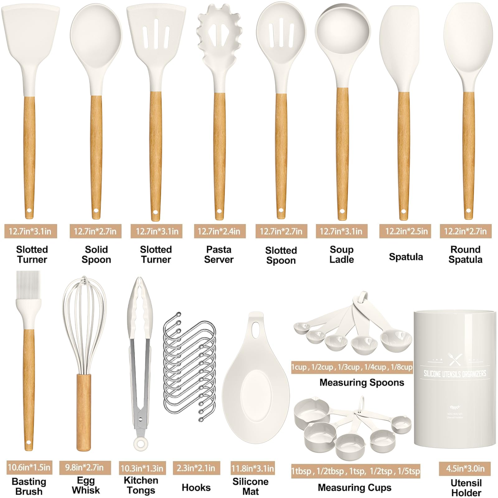 Umite Chef Kitchen Cooking Utensils Set, 33 Pcs Non-Stick Silicone Cooking Kitchen Utensils Spatula Set With Holder, Wooden Hand