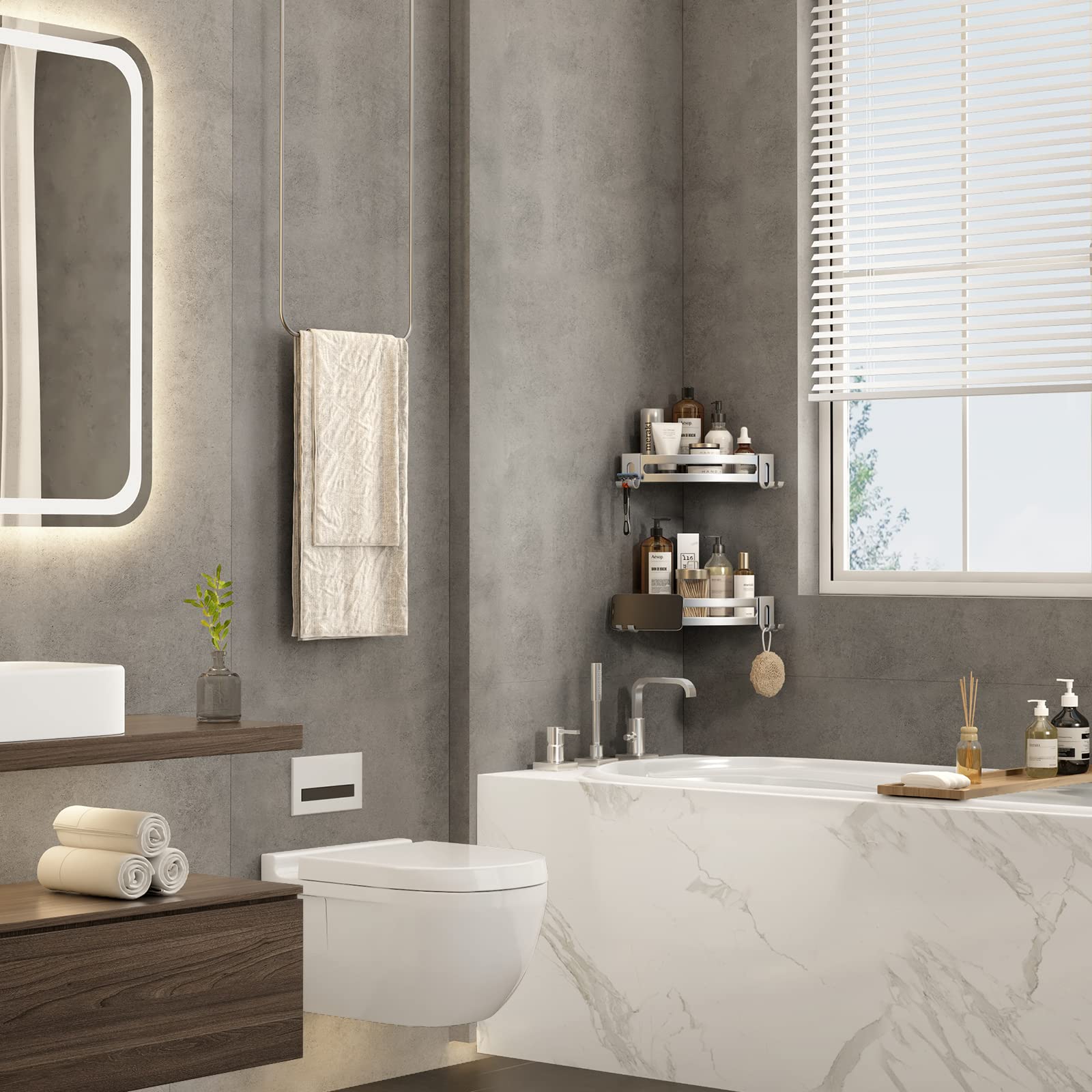 Volpone Corner Shower Shelves With Hooks Corner Shower Storage Rack Rustproof Corner Tub Organizer Drill Free Corner Shampoo Hol