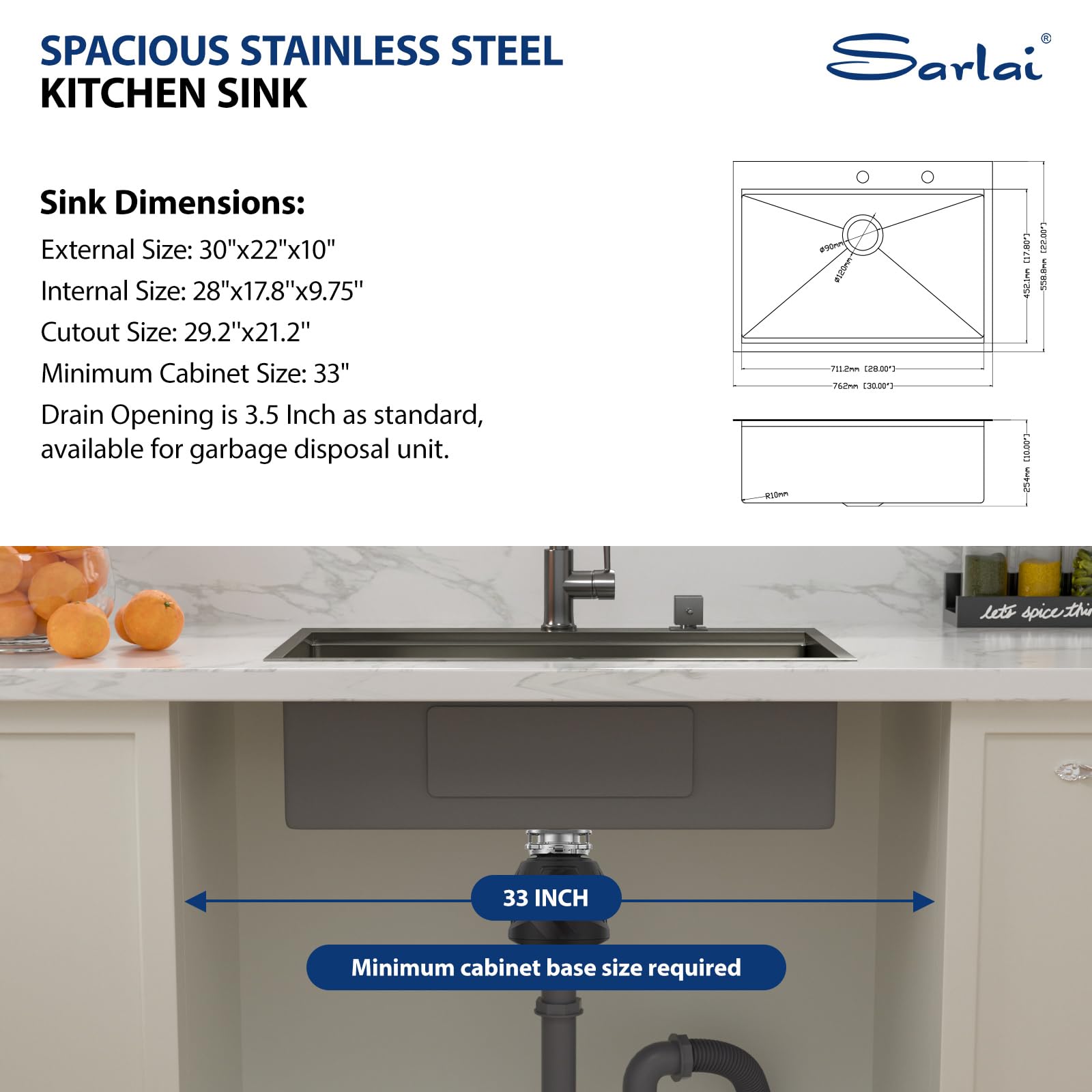 Sarlai 30 Drop Kitchen Sink Black Stainless Steel - 30 X 22 Inch Kitchen Sink Drop In Topmount Ledge Workstation 16 Gauge Gunmet