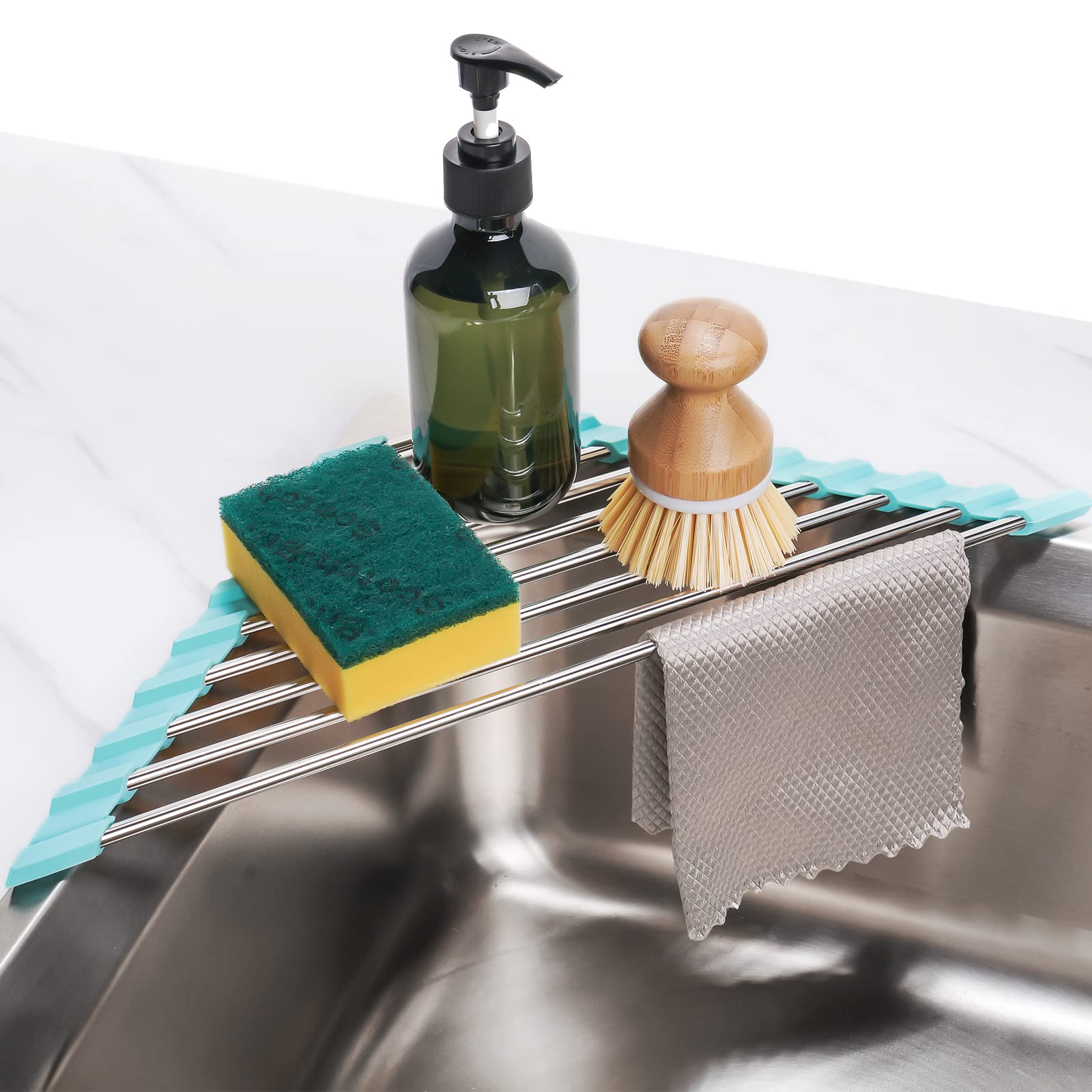 Tomorotec Green Triangle Roll-Up Dish Drying Rack for Sink Corner - Small, Foldable, Stainless Steel, Multipurpose Kitchen Drain