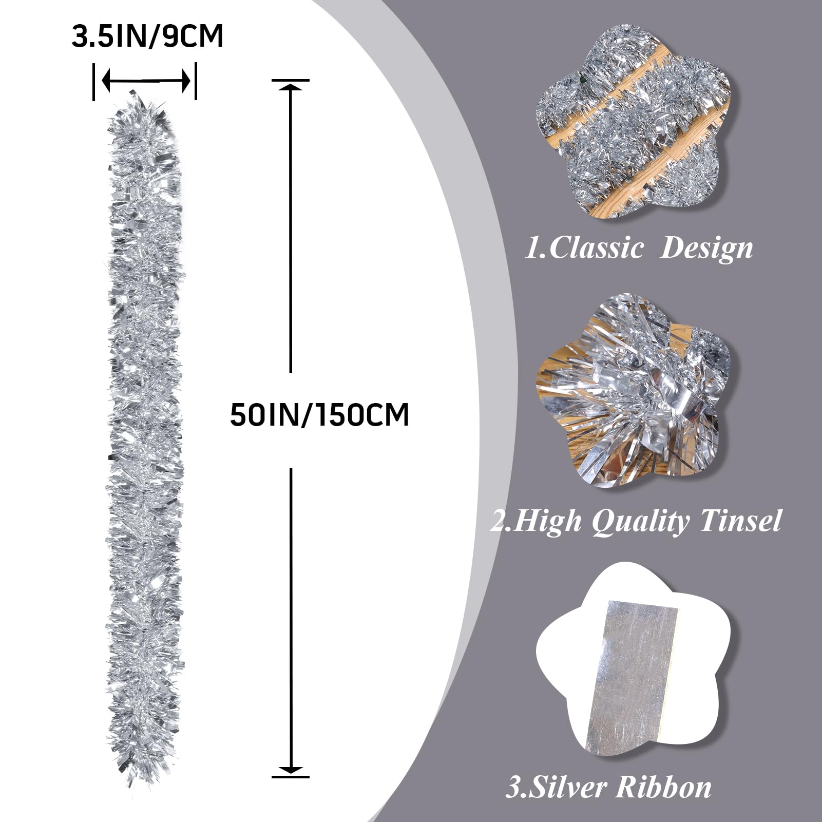 50Ft Silver Christmas Garland Decorations,Xams Tinsel Stems Non-Lit Soft Twist Garland Decor for Tree Stairs Railing Front Door