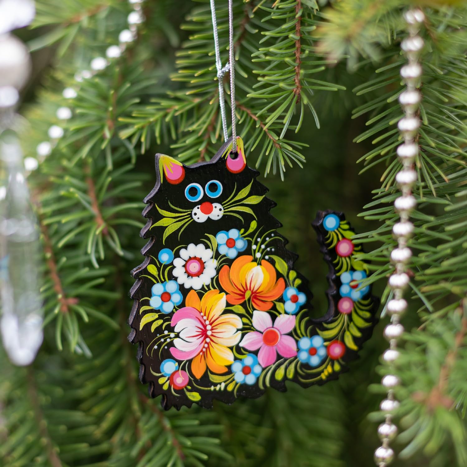 Funny Cat Christmas Ornament 3,3 ? 2,8 ? 0,2 Inch | 7 ? 8,5 ? 0,5 cm Wooden Flat Hand-painted Both Sides Cats Christmas Decorati