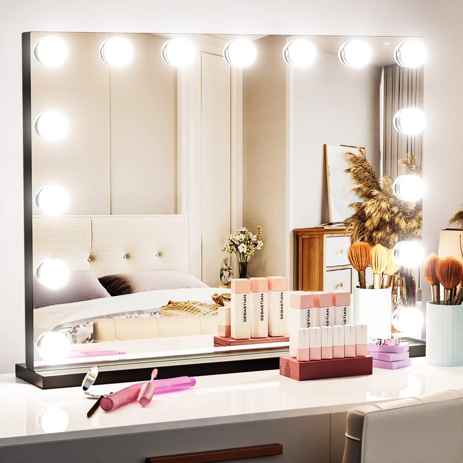 Gvnkvn 22.8 X 18.2 Vanity Makeup Mirror With Lights, 10X Magnification,Large Hollywood Lighted Vanity Mirror With 15 Dimmable Le