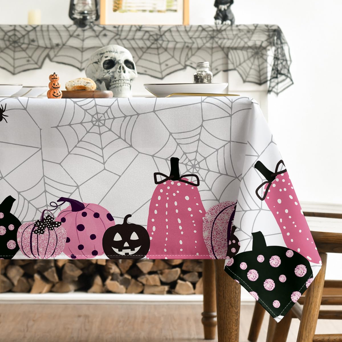 Horaldaily Halloween Tablecloth 60  120 Inch Rectangular, Jack-O-Lantern Pumpkin Cobweb Scary Themed Pink Washable Table Cover F