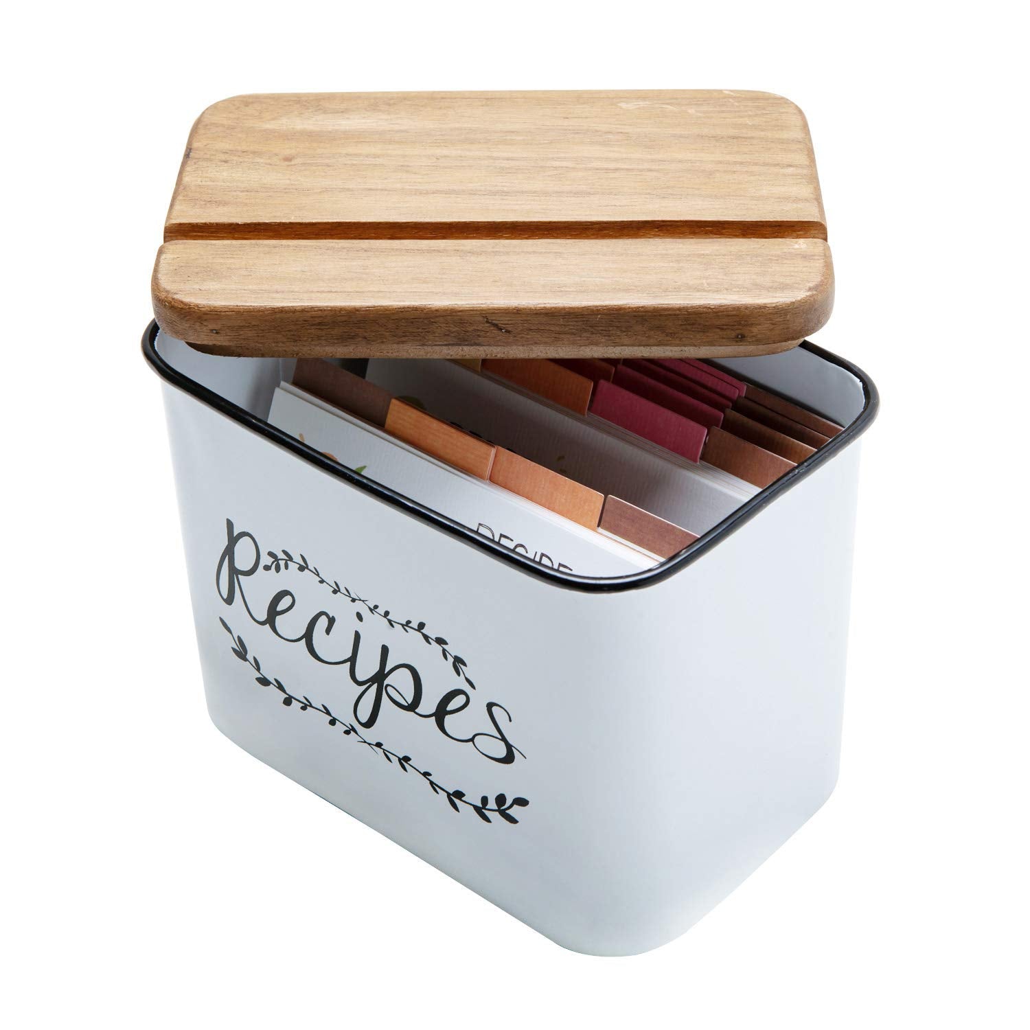 Nikky Home 4X6 Kitchen Metal Recipe Organization Box With Cards And Dividers, White